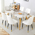 Table And Chair Set.Modern Minimalist Dining Table. White Imitation Marble Pattern Sintered Stone Desktop With Golden Metal Legs.Paried With 6 Comfortable Chairs With Pu Seats And Black Metal Legs.