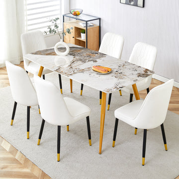 Table And Chair Set.Modern Minimalist Dining Table. White Imitation Marble Pattern Sintered Stone Desktop With Golden Metal Legs.Paried With 6 Comfortable Chairs With Pu Seats And Black Metal Legs.