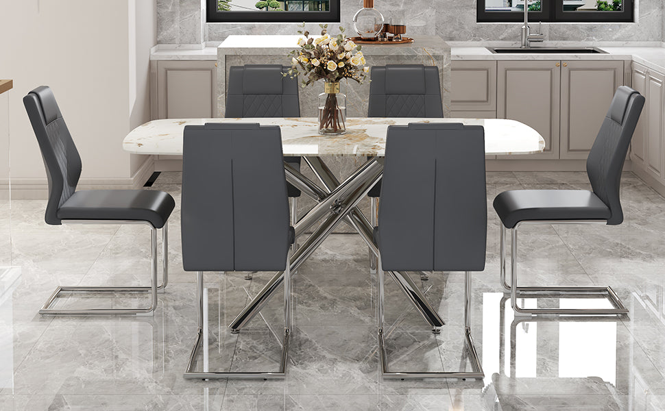 Table And Chair Set.Modern Luxurious White Marble Patterned Tempered Glass Dining Table With 6 Chairs.Single Fork Silver Metal Table Legs.Dark Gray Pu Dining Chairs With Silver Metal Legs. Dark