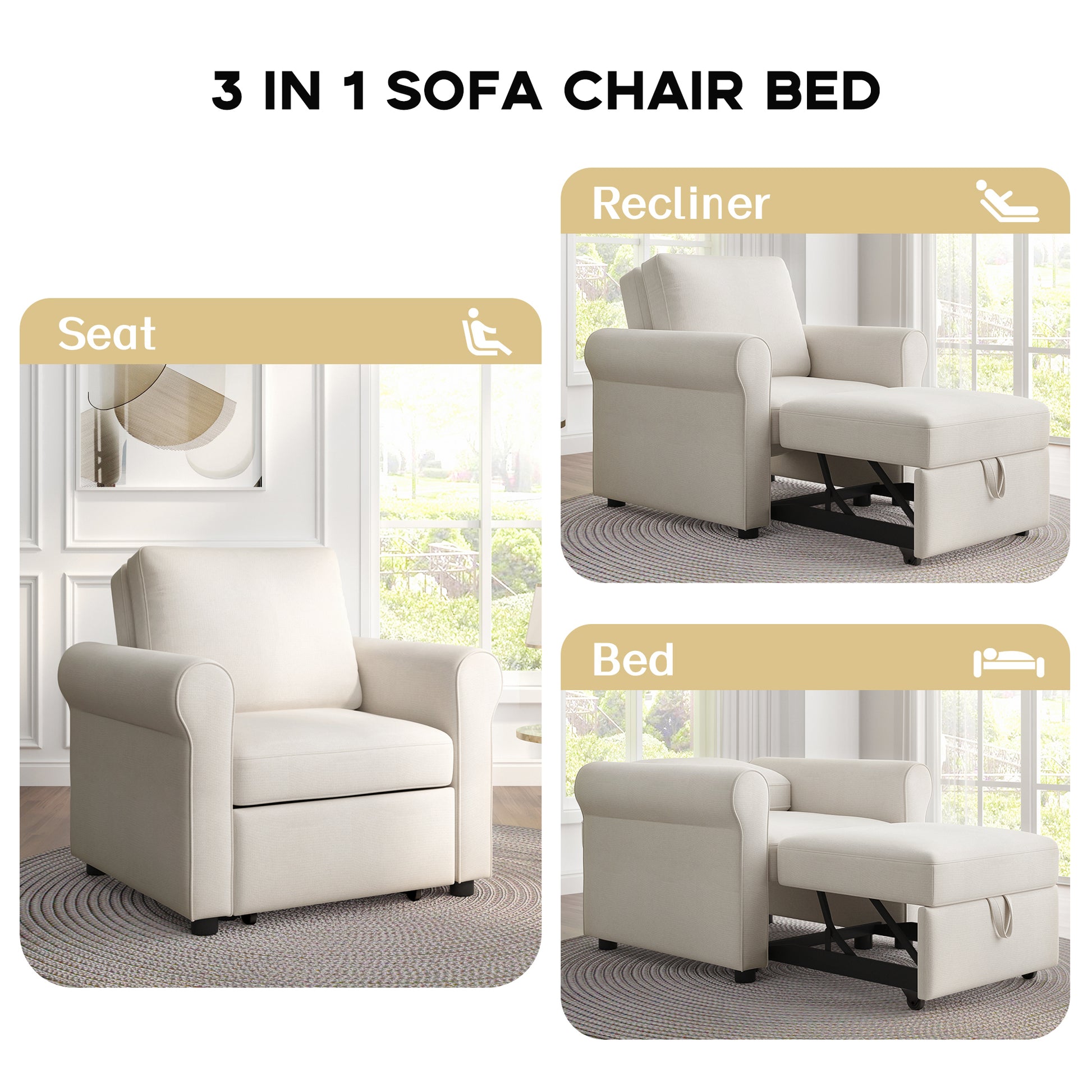 3 In 1 Sofa Bed Chair, Convertible Sleeper Chair Bed,Adjust Backrest Into A Sofa,Lounger Chair,Single Bed,Modern Chair Bed Sleeper For Adults,White Old Sku:Wf301161Aab White Linen