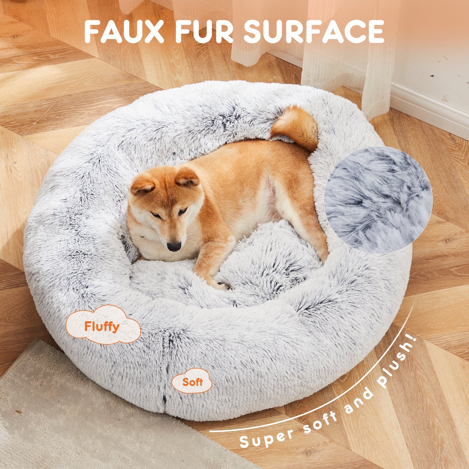 Anti Slip Round Fluffy Plush Faux Fur Cat Bed,Large Gray Gray Fabric
