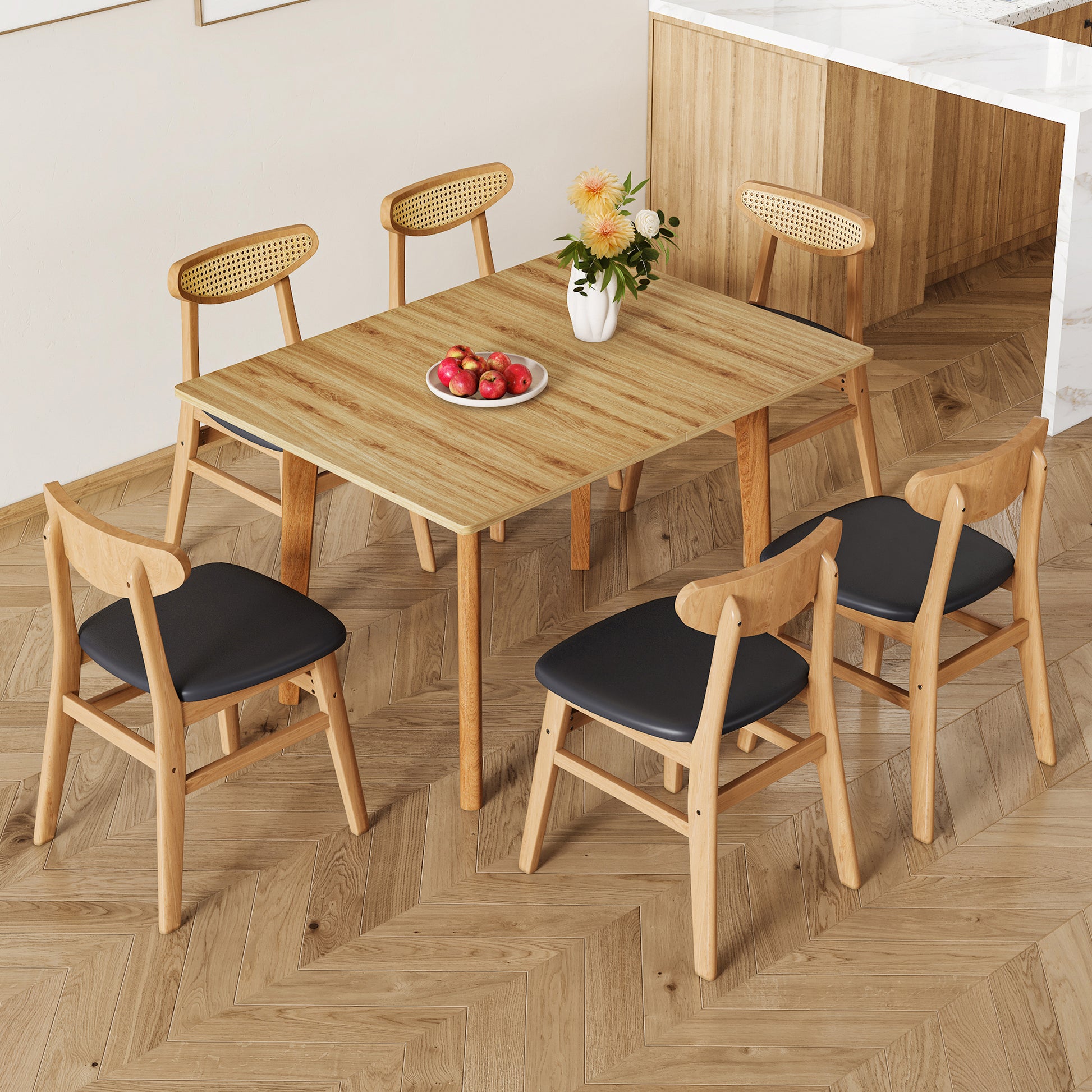 Wood Colored Mdf Desktop With Rubber Wooden Legs, Foldable Computer Desk, Foldable Office Desk, Solid Wood Dining Chair With Small Curved Back And Pu Cushion . Zd 1545 Dx 2361 Wood Seats 6 Wood
