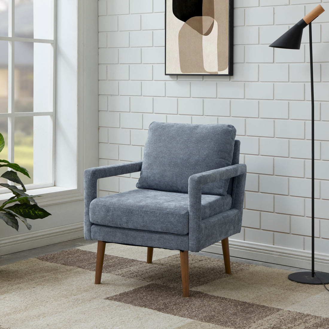 Mid Century Armchairaccent Chair With Chenille Armrest & Soft Cushion For Living Room, Bedroom, Home Office, Study, Dark Grayish Blue Blue Foam Wood Fabric