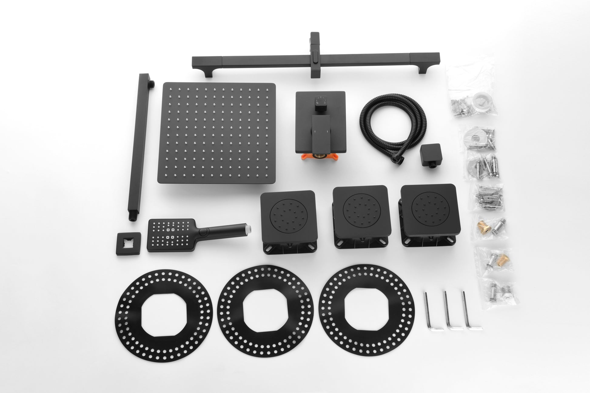Wall Mounted Shower System In Matte Black With Shower Head, Handheld Shower, 3 Body Jets Matte Black Brass Brass