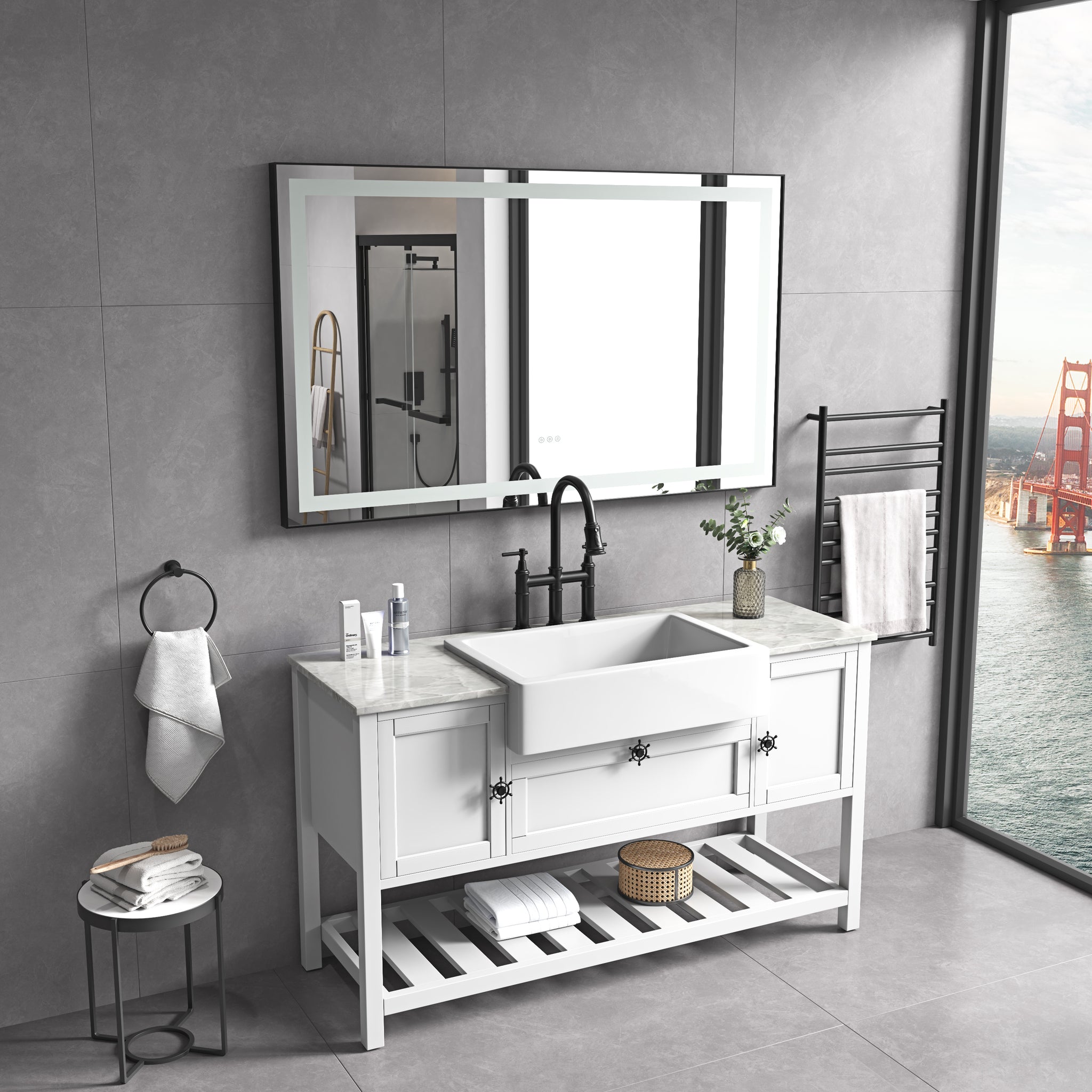 72 X 48 Inch Led Bathroom Mirror With Aluminum Frame, Wall Mounted Vanity Mirror, Anti Fog, Memory, 3 Colors, Stepless Dimmable Matte Black Aluminium,Glass