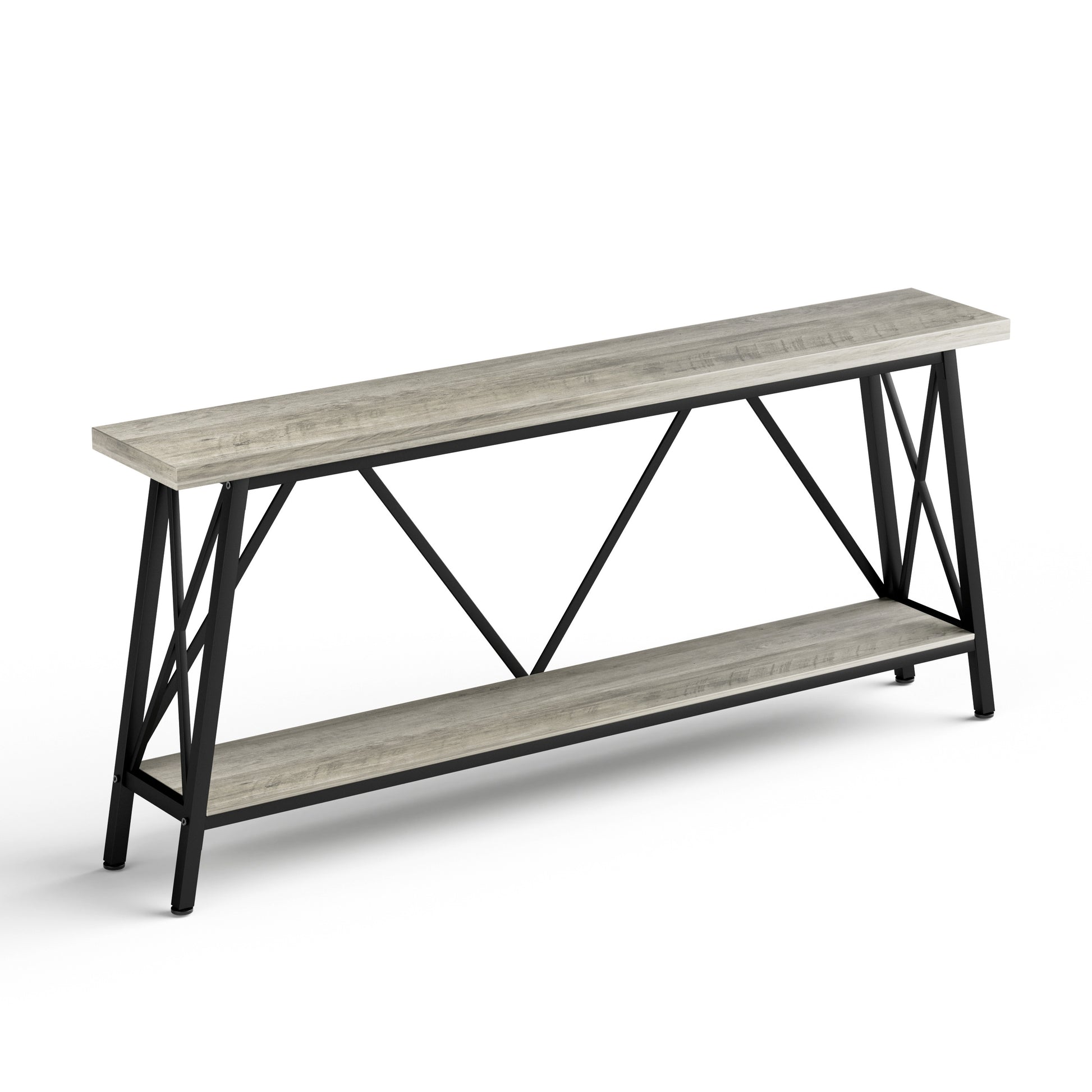70.9 Inch Extra Long Sofa Table, Console Behind Sofa, Entryway Table With 2 Tier Storage Shelves For Hallways, Living Rooms,Foyers,Entryways,Banquet Rooms,Rustic Gray And Black, 70.9 L X 11.8"W X