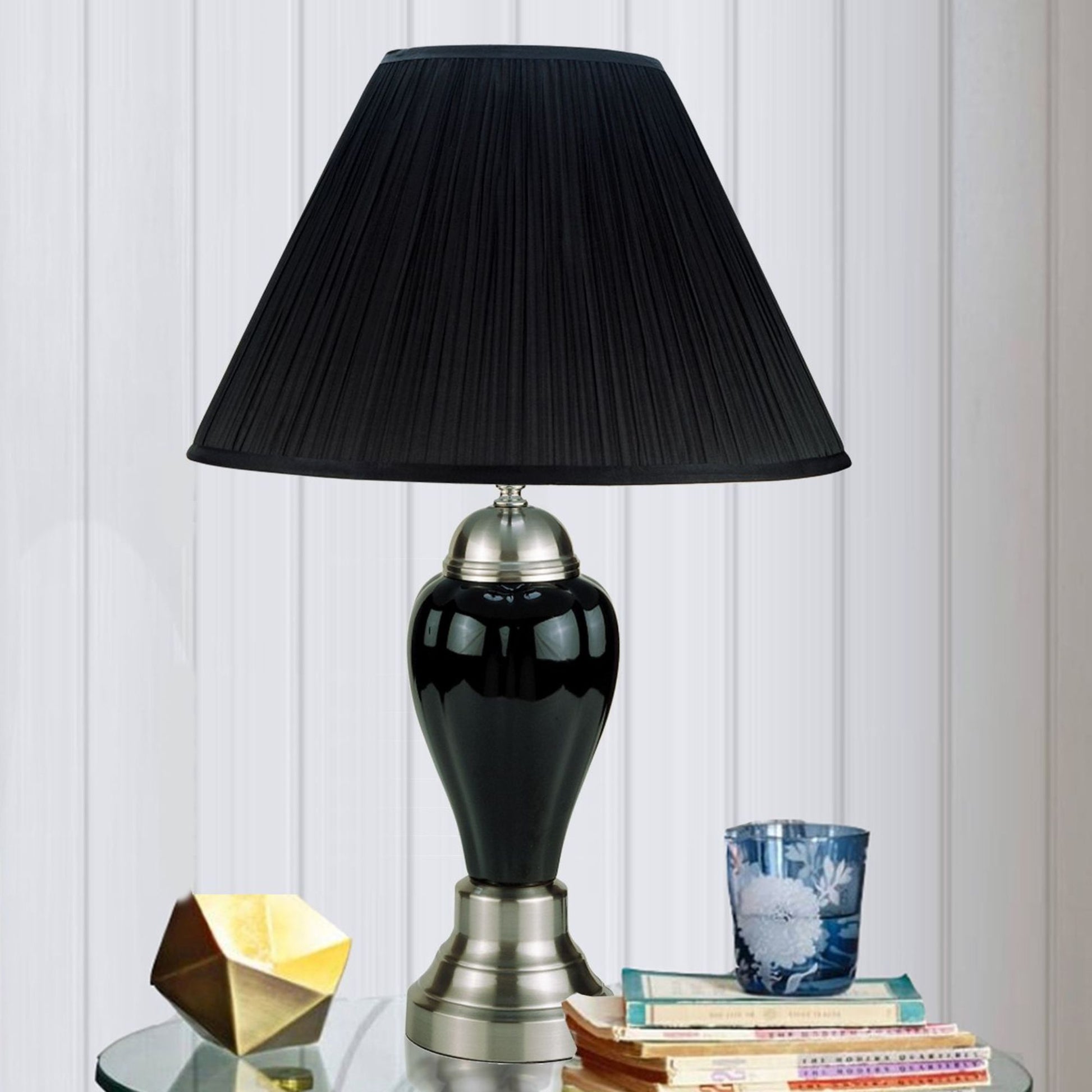 27" Tall Ceramic Table Lamp, Urn Shaped With Silver Black Finish, Linen Shade Multicolor Ceramic