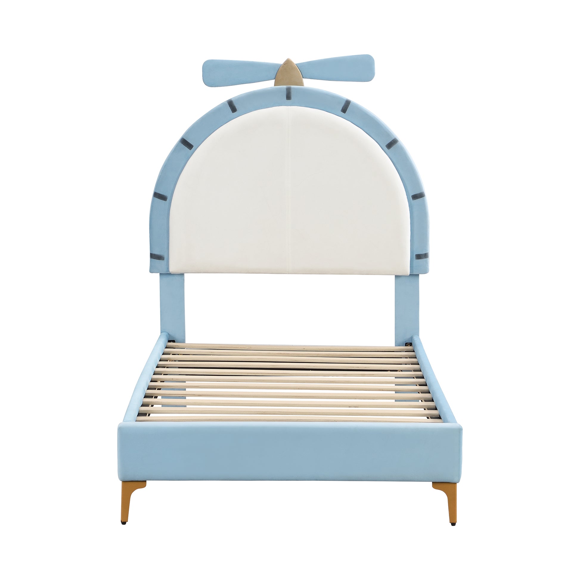 Twin Size Upholstered Platform Bed With Alarm Clock Shaped Headboard, Blue Box Spring Not Required Twin Blue Wood Bedroom Bed Frame Velvet Upholstered