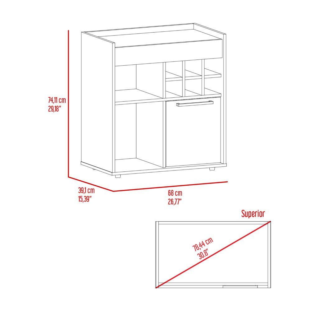 Bar Coffee Cart 29" H, Cabinet Storage, With 6 Bottle Racks, A Central Shelf Covered By 1 Wood Door, Ideal For Storing Glasses And Snacks, Dark Walnut Brown Particle Board Particle Board