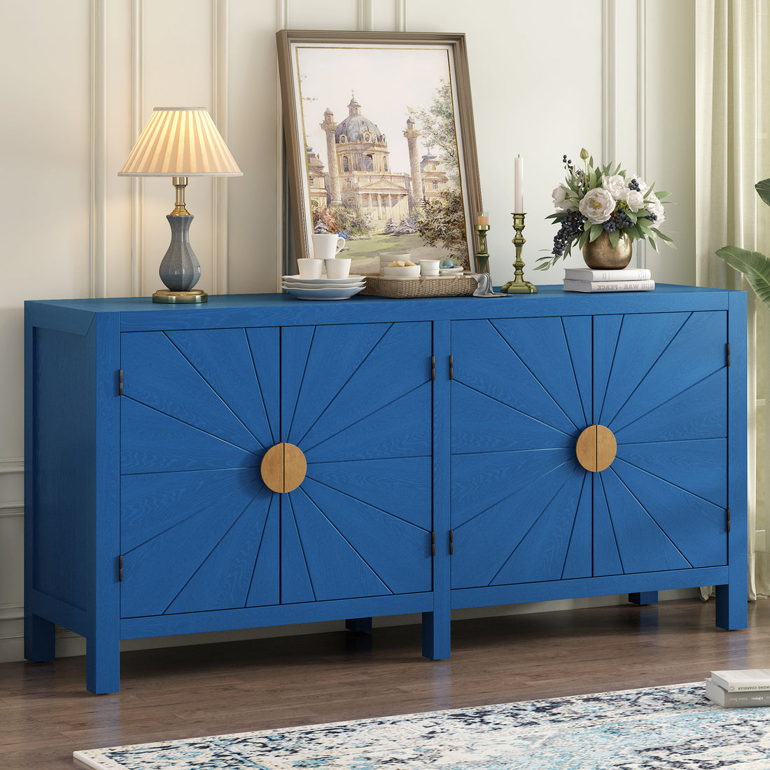 Unique Features Of Ash Veneer Cabinet With Radiating Line Pattern Cabinet Doors, Suitable For Living Rooms, Corridors, And Study Rooms. Navy Blue Mdf