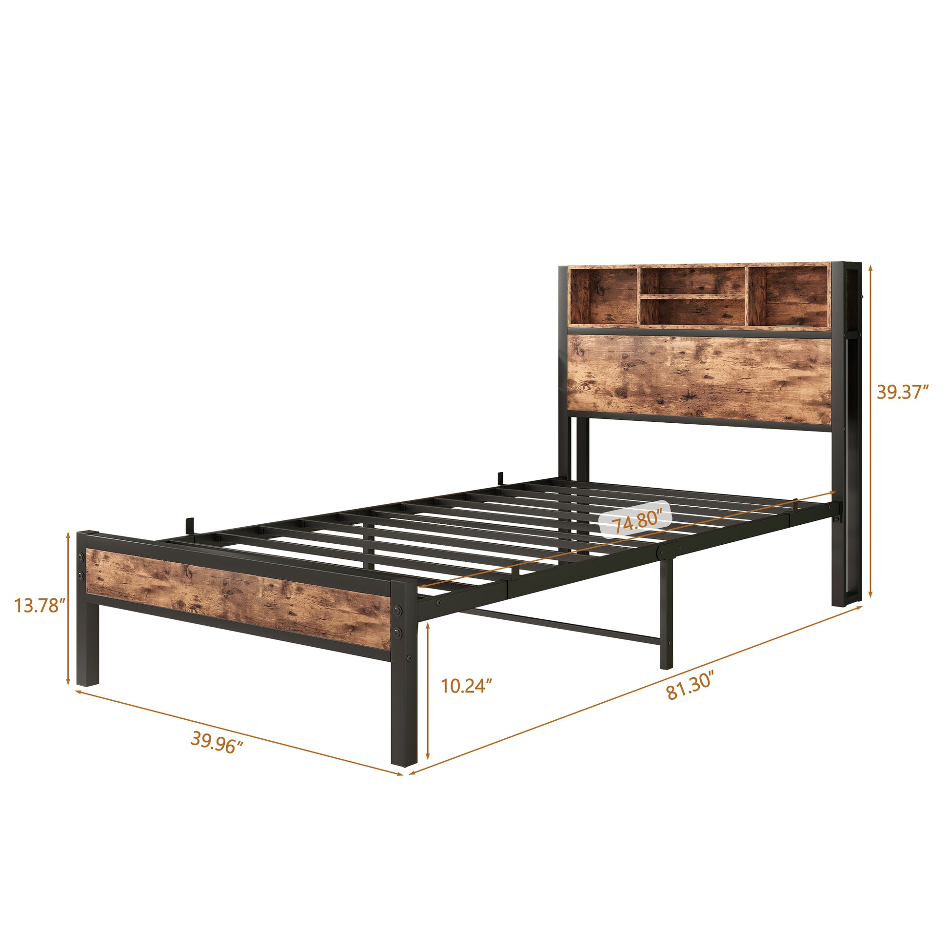 Twin Size Bed Frame With Storage Headboard, Metal Platform Bed With Charging Station, Bookcase Storage, No Box Spring Needed, Easy Assembly Box Spring Not Required Twin Black Brown Iron Brown Bedroom Bed Frame Metal & Wood