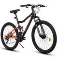 A26336 26 Inch Aluminum Frame Shock Fork Plus Shock Absorber 21 Speed Unisex Mountain Bike Black Orange Steel