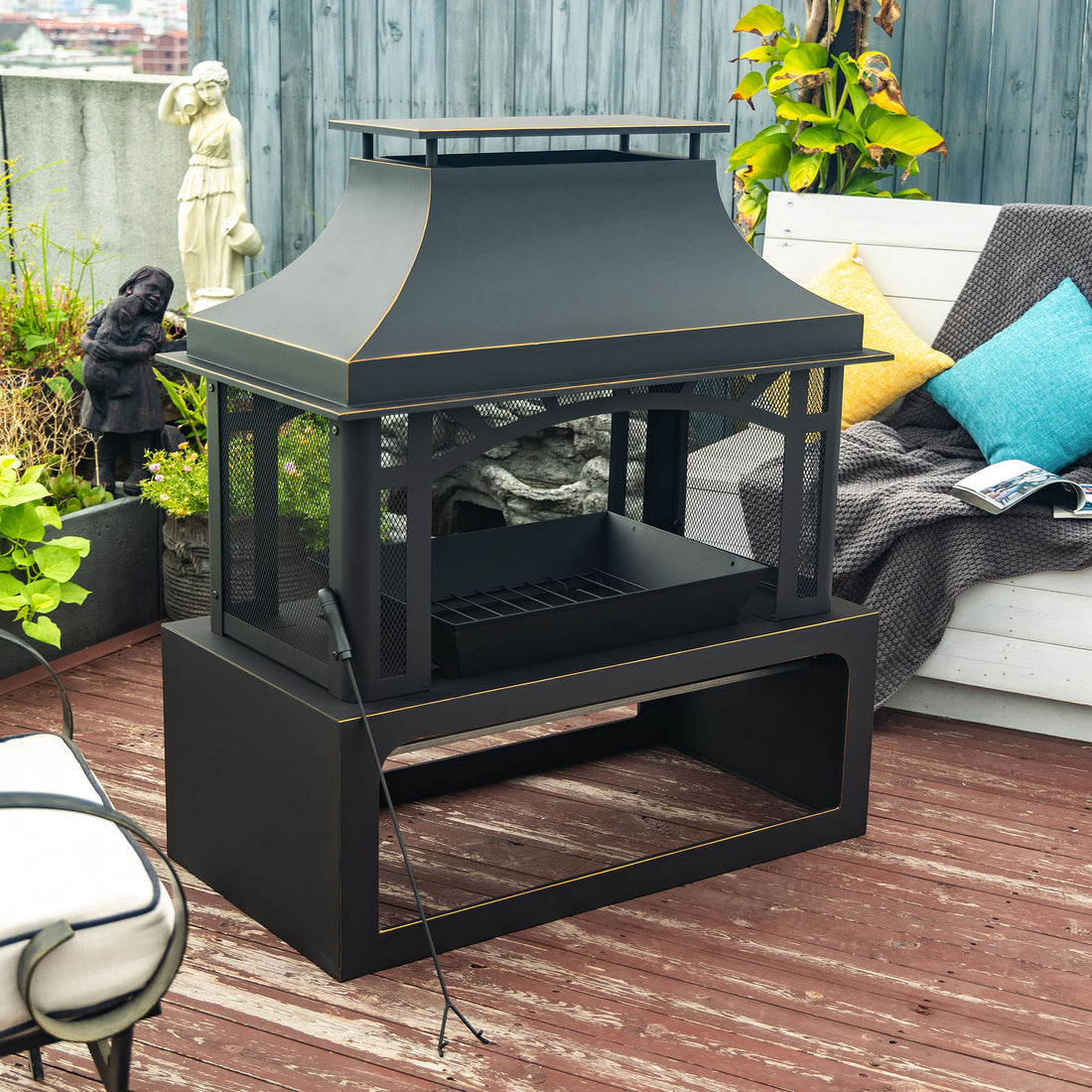 Steel Wood Outdoor Fireplace Garden Wood Burning Chimney Matt Black Steel