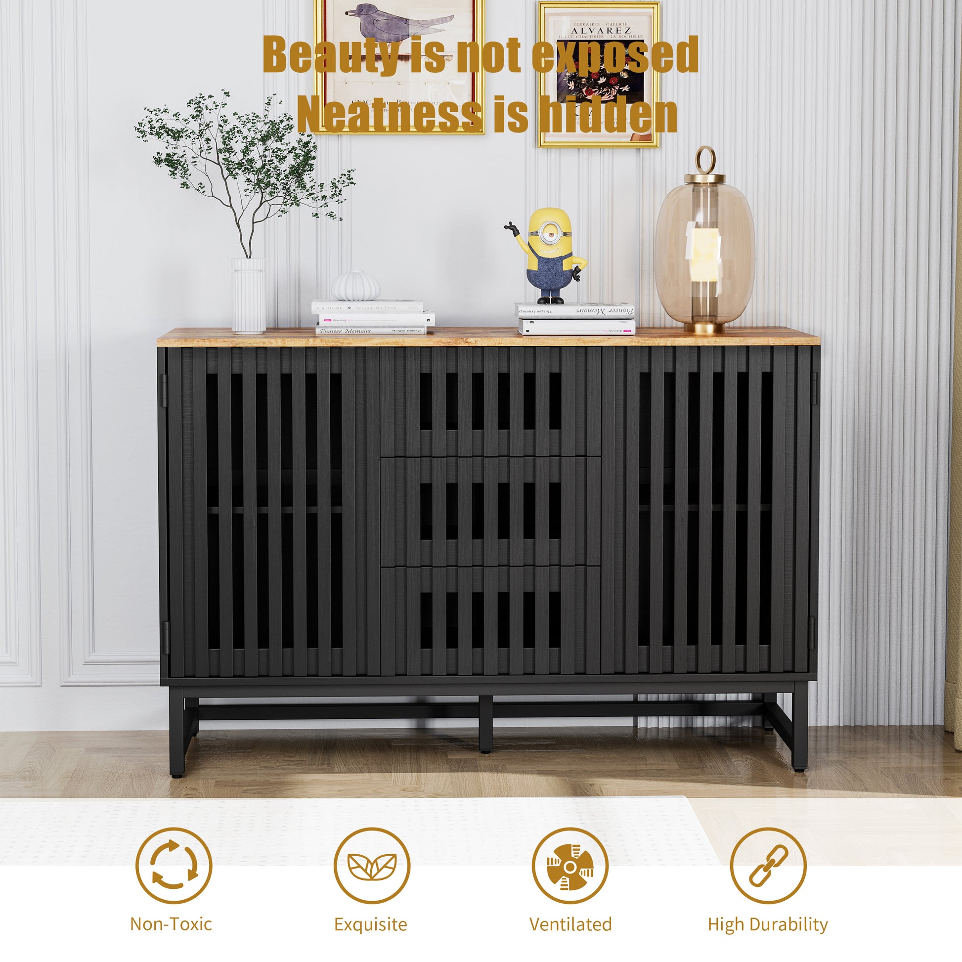 3 Drawer And 4 Shelves Dresser With Slatted Grille Striped Drawer And Doors, Modern Style Dresser, High Quality Mdf And Metal Leg Black Brown Mdf