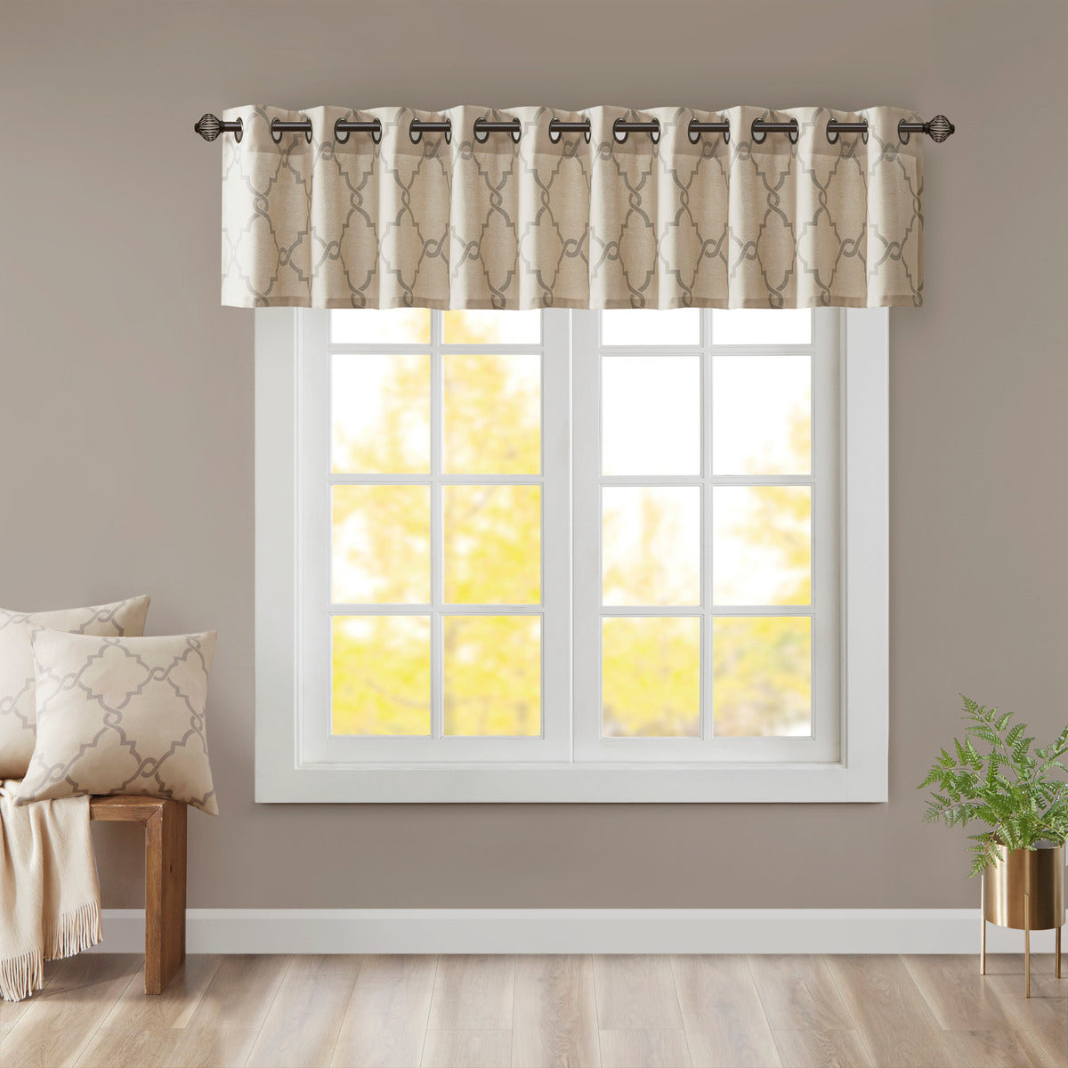 Fretwork Print Grommet Top Window Valance Beige Grey 50X18" Beige Grey Polyester