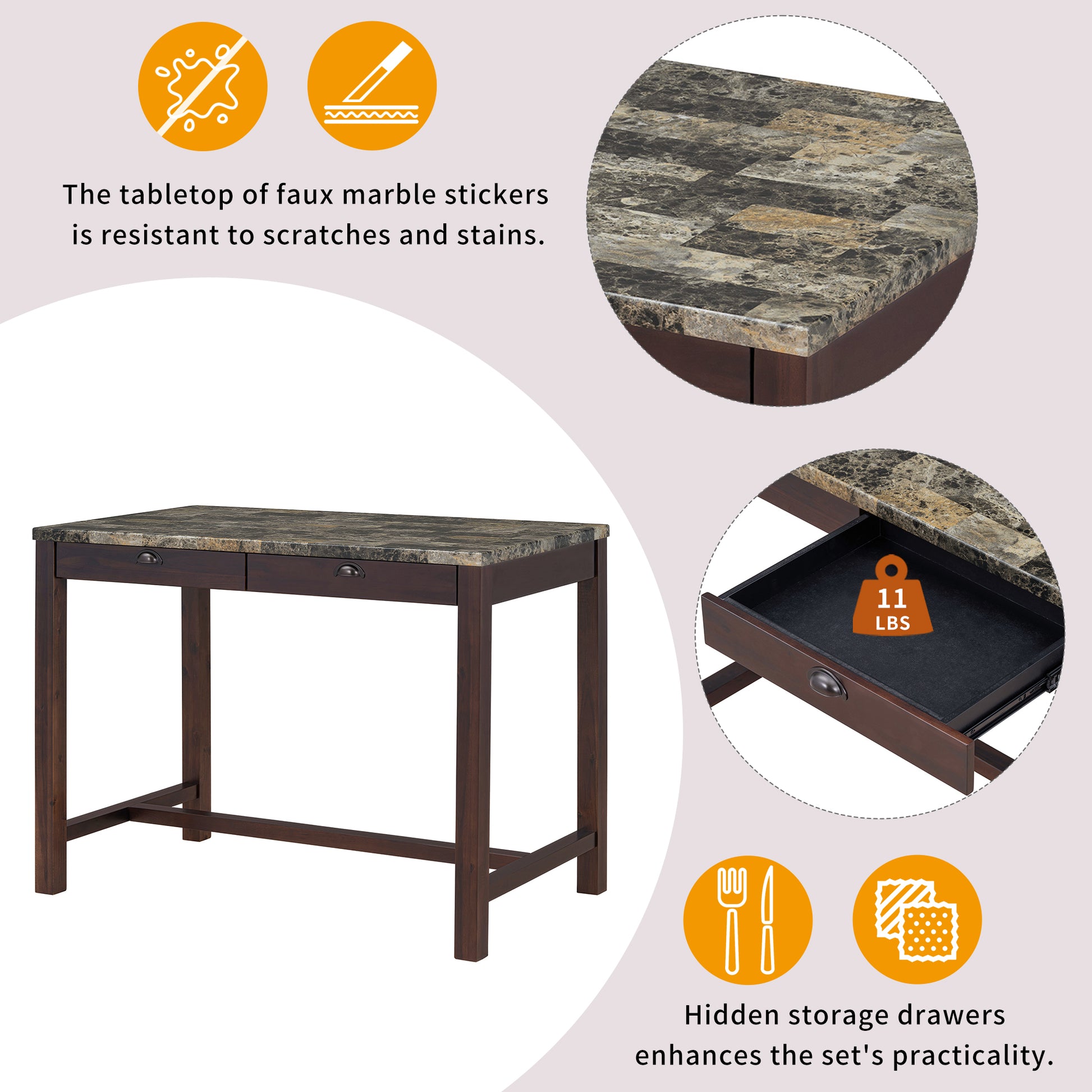 5 Piece Modern Faux Marble Versatile Bar Table Set With Storage Drawers And Padded Stools, Ideal For Space Saving Dining Nooks Or Small Kitchens Walnut Walnut Solid Wood Mdf