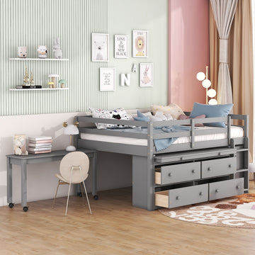 Full Size Loft Bed With Retractable Writing Desk And 4 Drawers, Wooden Loft Bed With Lateral Portable Desk And Shelves, Gray Full Gray Solid Wood Mdf