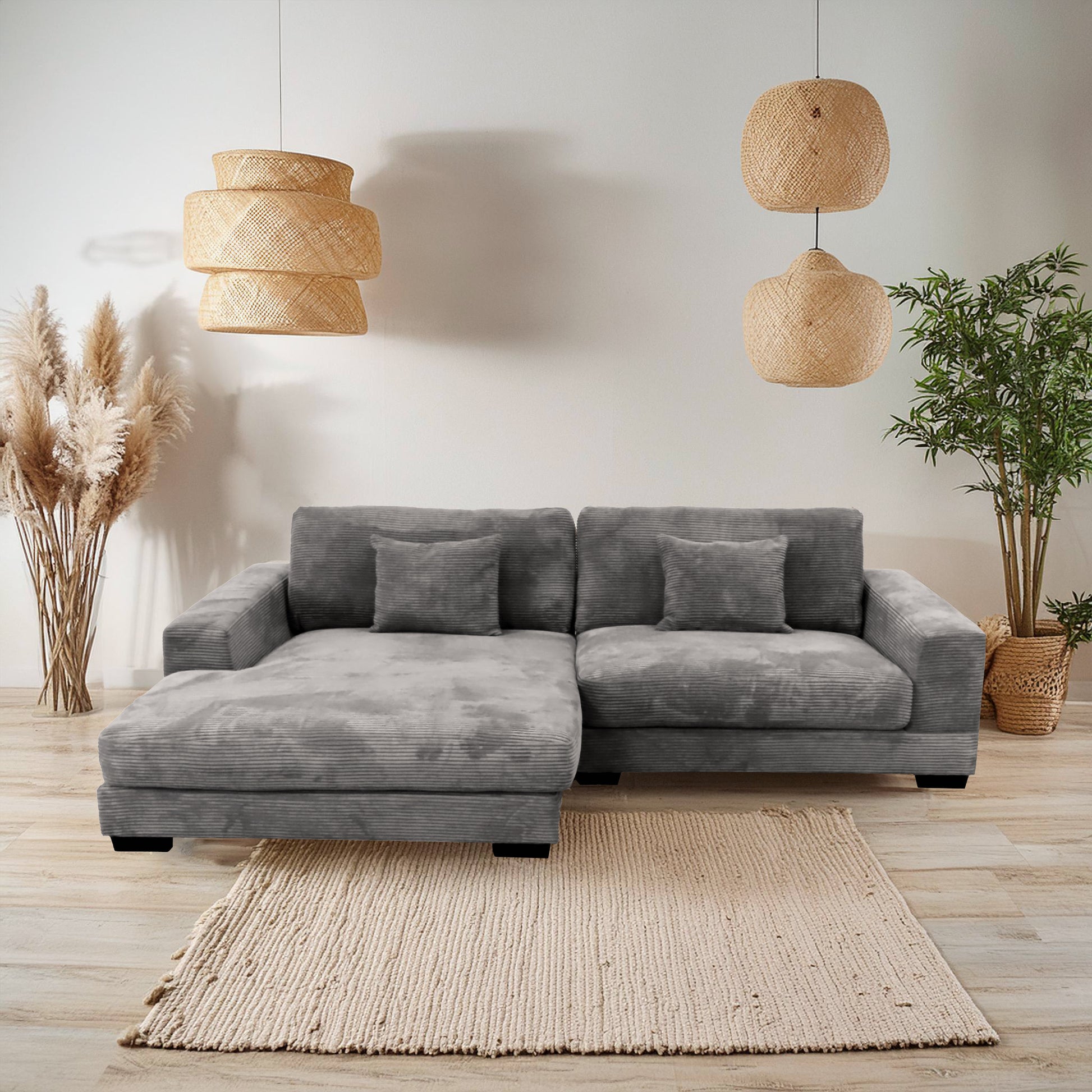 Bella Grey Corduroy Left Facing 2 Piece Sectional Grey Wood Corduroy 3 Seat