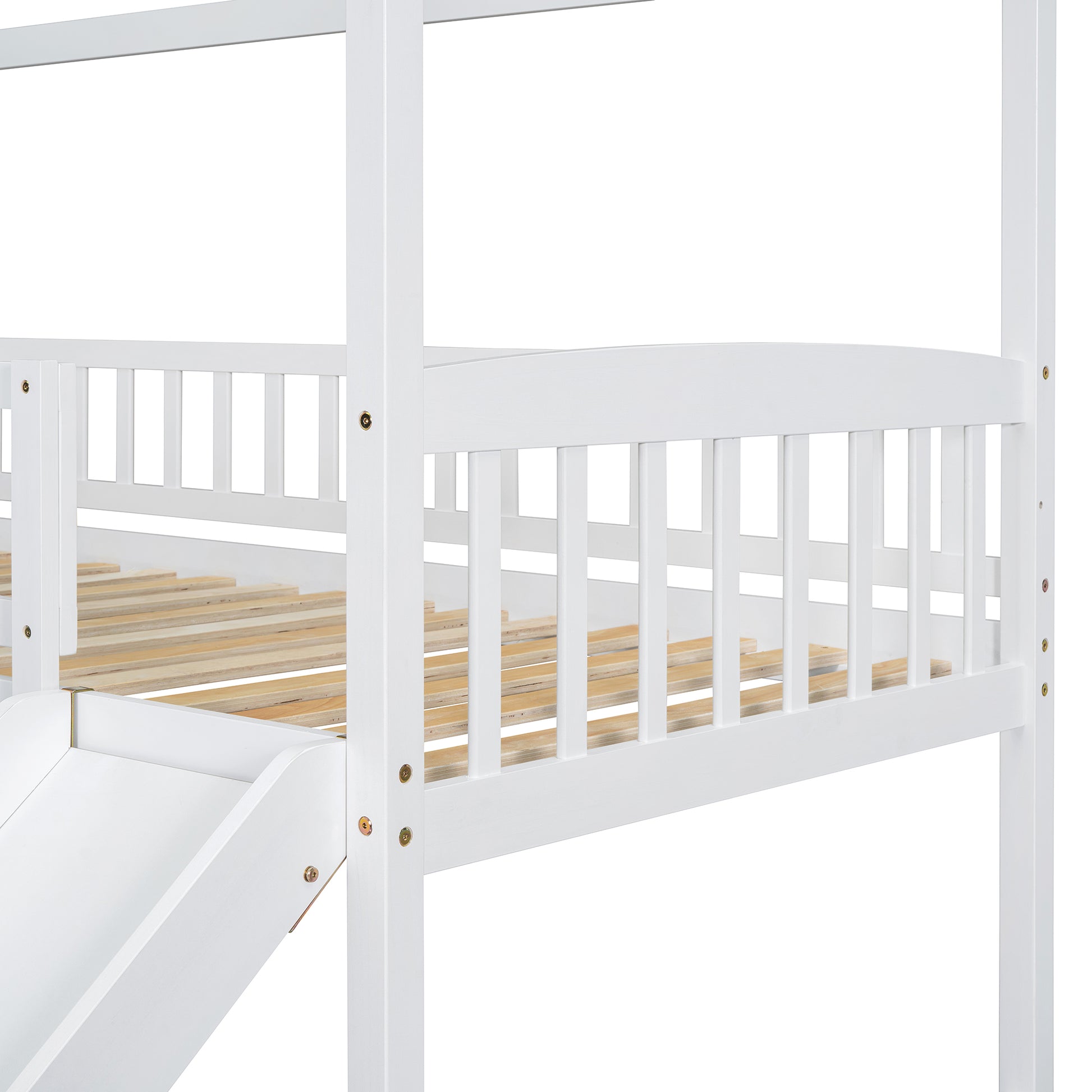 Twin Over Twin Bunk Bed With Two Drawers And Slide, House Bed With Slide, White Old Sku :Lt000129Aak White Pine