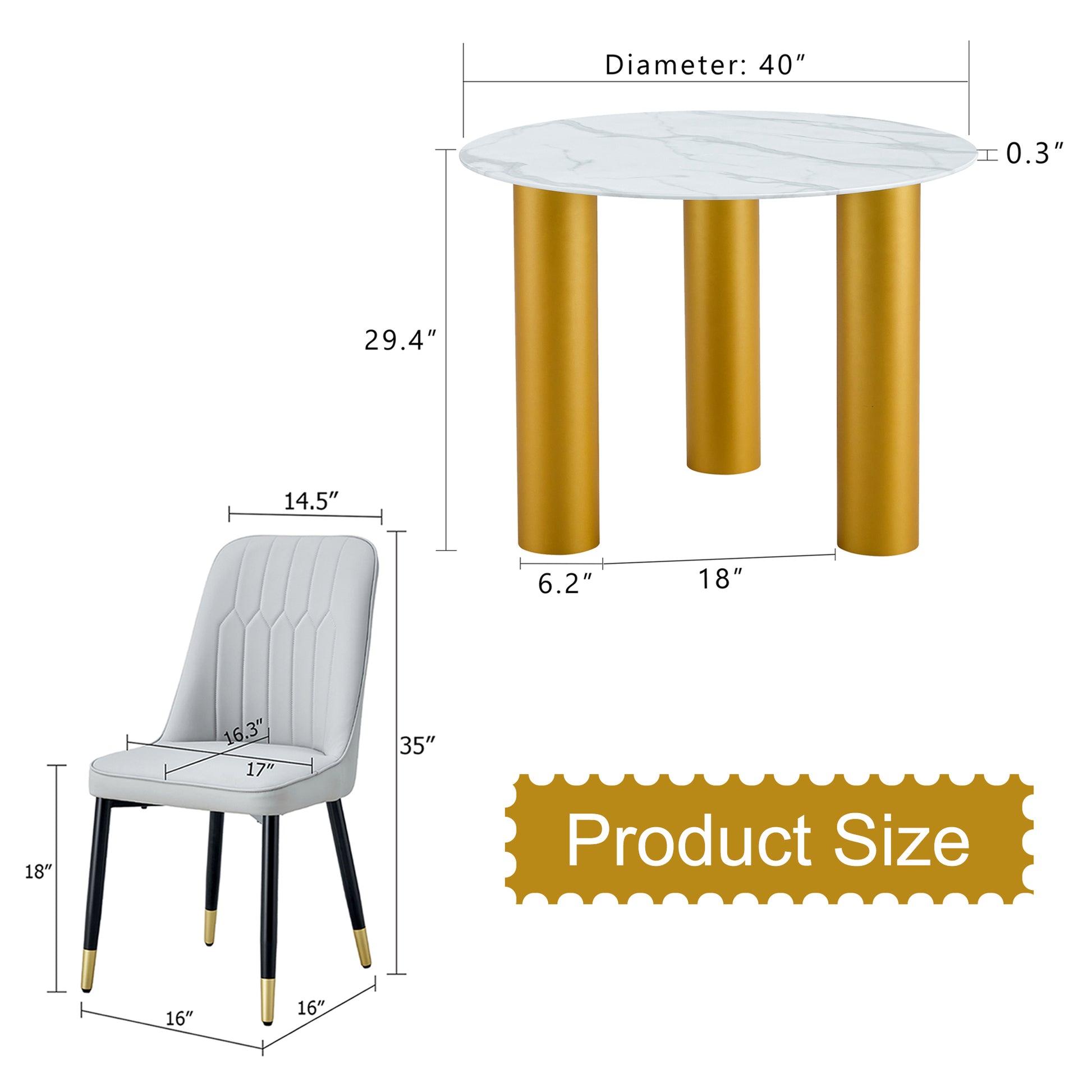 Table And Chair Set, Round Table With White Marble Pattern, Gold Mdf Table Legs, Soft And Comfortable Dining Chair, Suitable For Kitchen And Living Room White Seats 4 Mdf