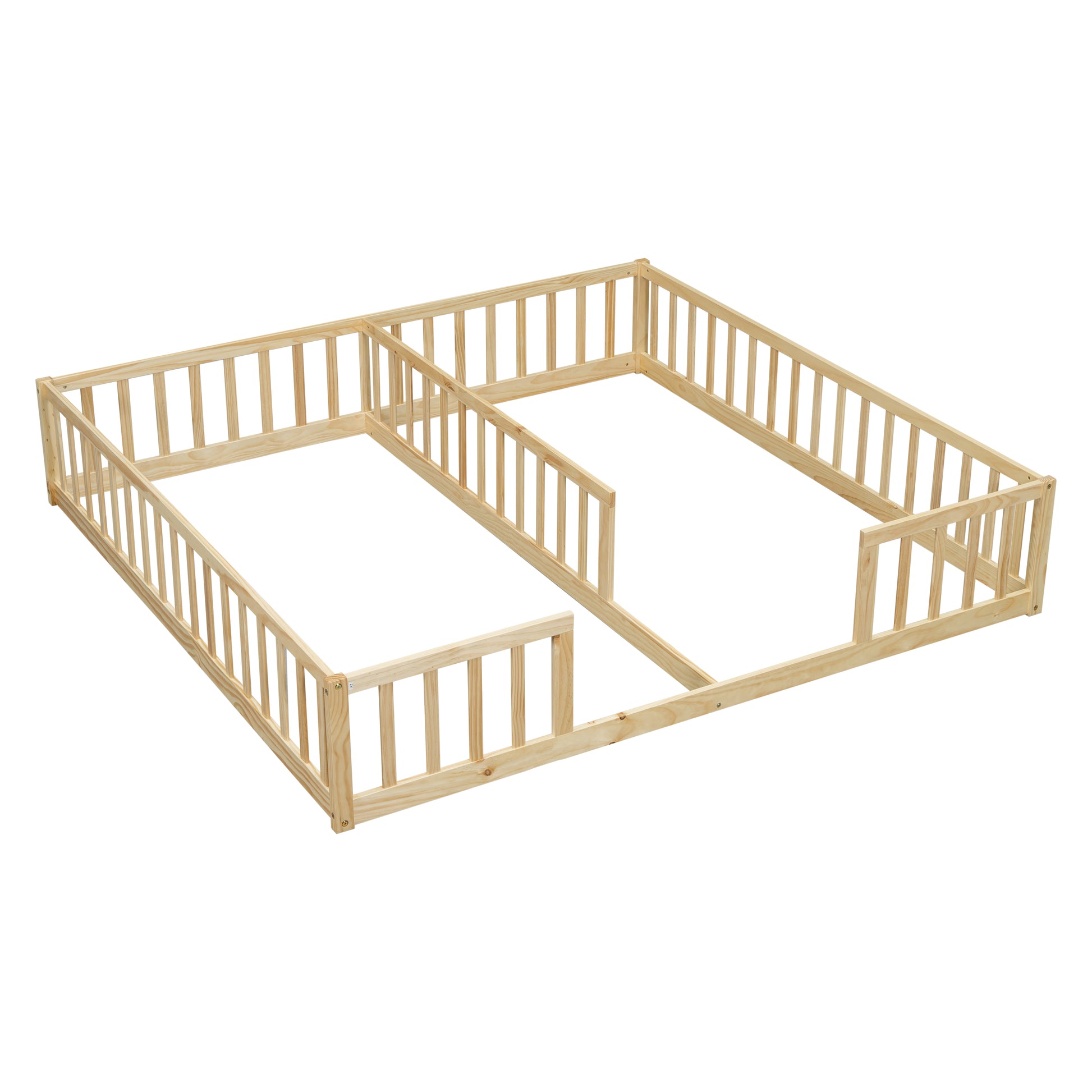 Double Twin Floor Bed With Fence, Guardrails, Without Door, Natural Twin Natural American Design Pine