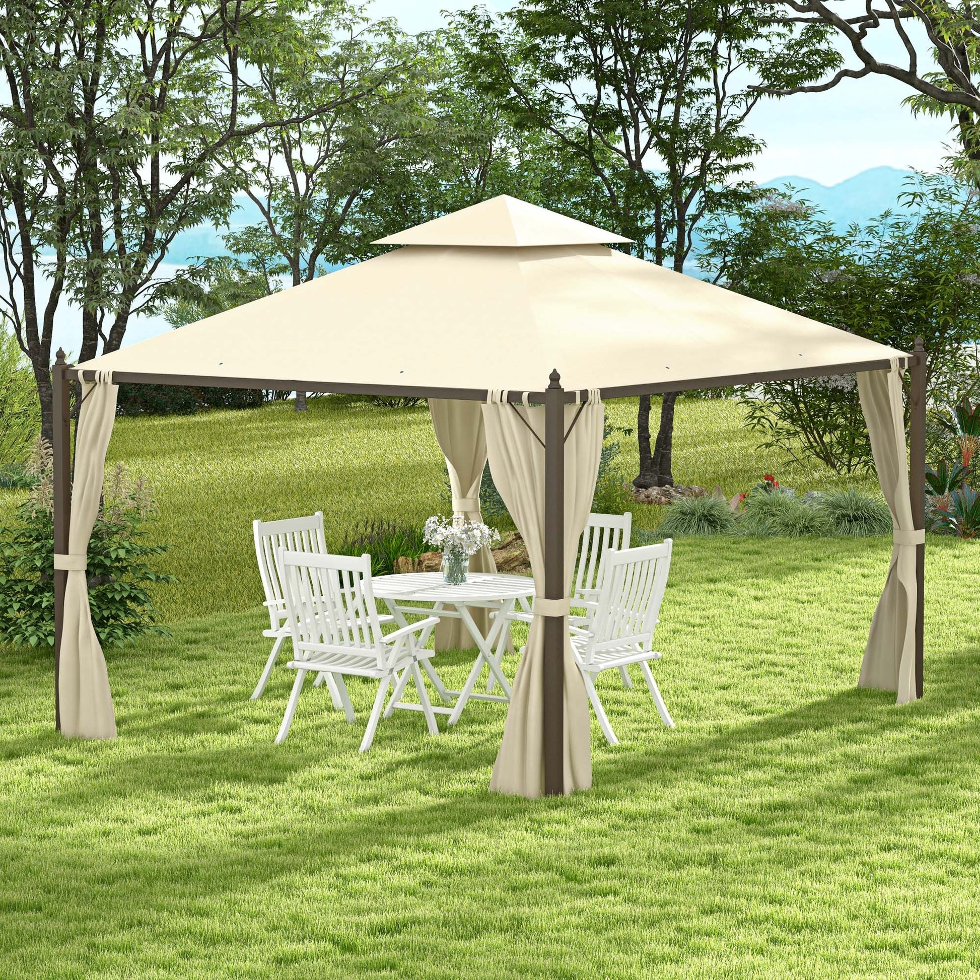 Outsunny 10' X 12' Steel Outdoor Patio Gazebo With Polyester Privacy Curtains, Two Tier Roof For Air, Large Design Beige Steel