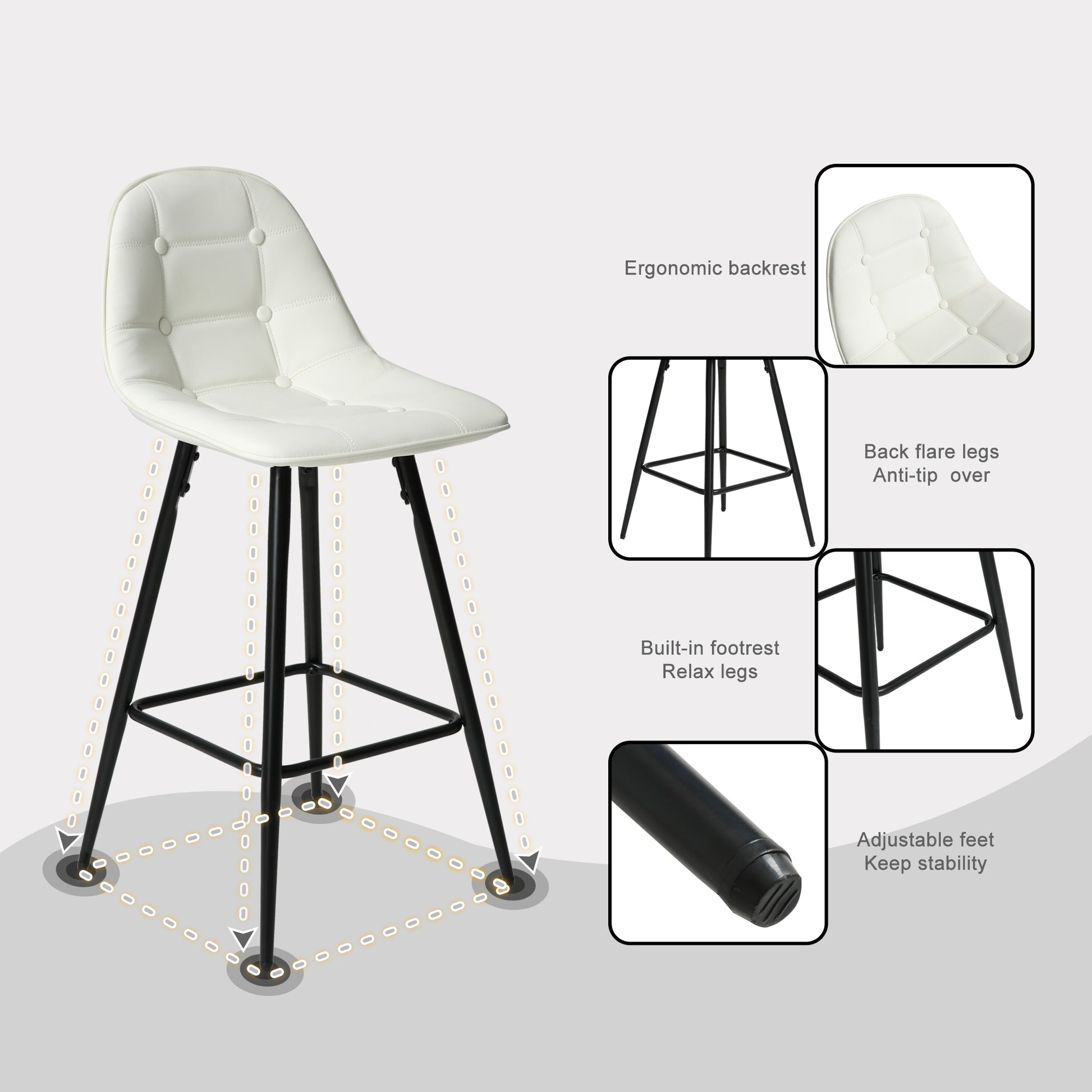 Counter Stools,Set Of 2 Bar Stools With Back And Footrest, Modern Metal Counter Height Barstools For Kitchen Home Bar,25.5" Armless Barstool Chairs White Leather