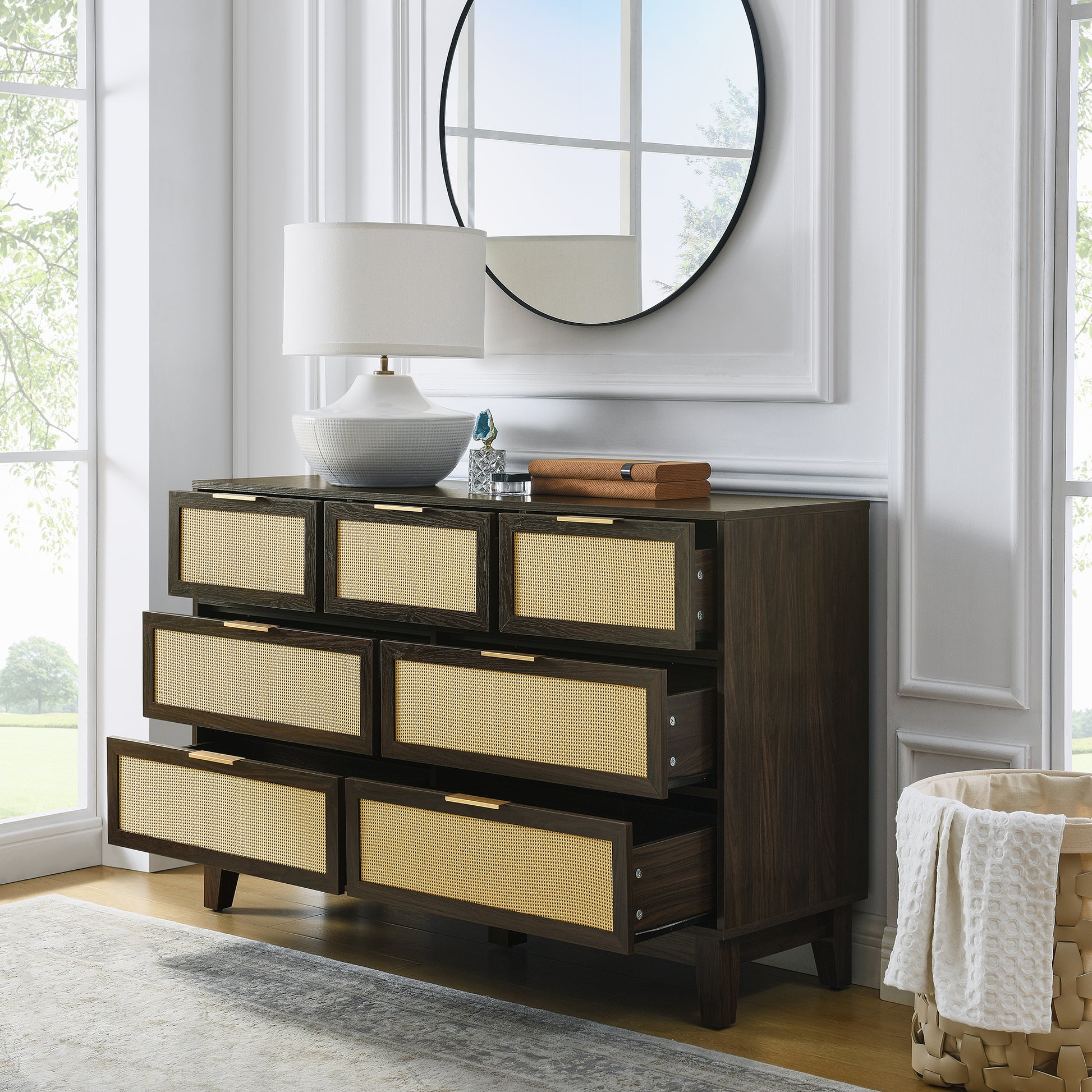 Bedroom 7 Drawer Dresser, Rattan Dresser Modern Wooden Chest Of Drawers With Spacious Storage Space For Bedroom Hallway Living Room Walnut Solid Wood Mdf