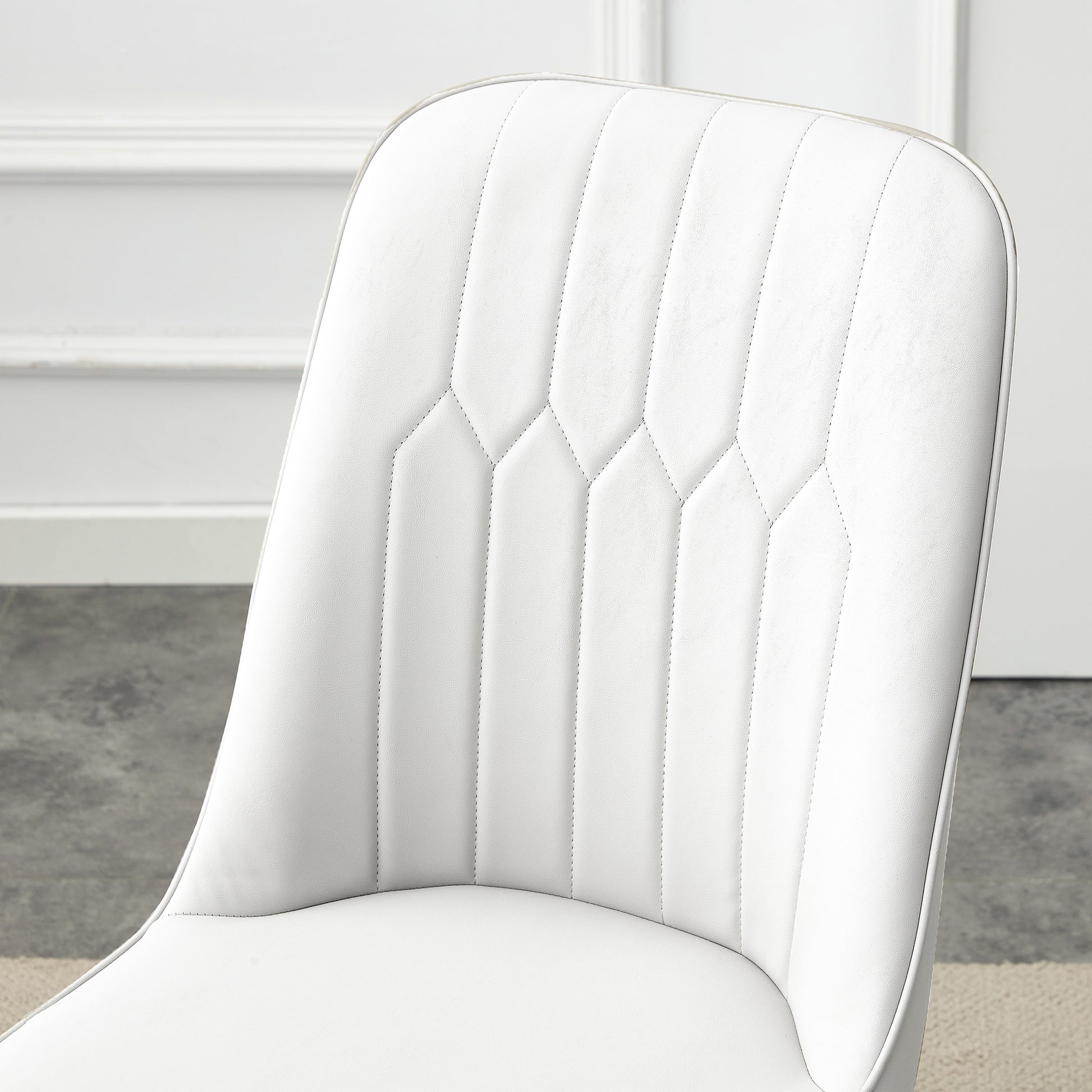 Table And Chair Set.The Table Has A Glass Top With Imitation Marble Pattern Stickers And Stainless Steel Golden Legs. Paried With Chairs With Pu Artificial Leather Backrest Cushions And Black Legs. White Gold Seats 8 Glass Metal
