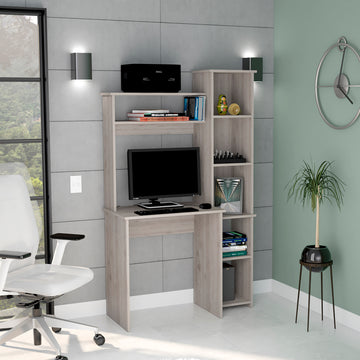 Aramis Desk, Five Shelves, Two Superior Shelves, Light Gray Gray Particle Board Particle Board