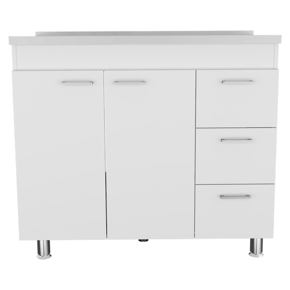 Base Double Door Cabinet, Three Drawers, White White Solid Wood Mdf Engineered Wood