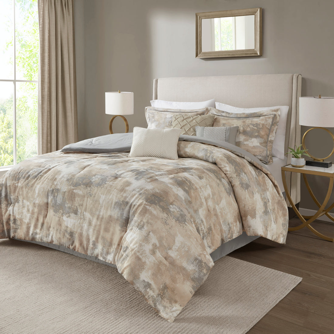 7 Piece Textured Cotton Blend Comforter Set Gray King King Multicolor Polyester