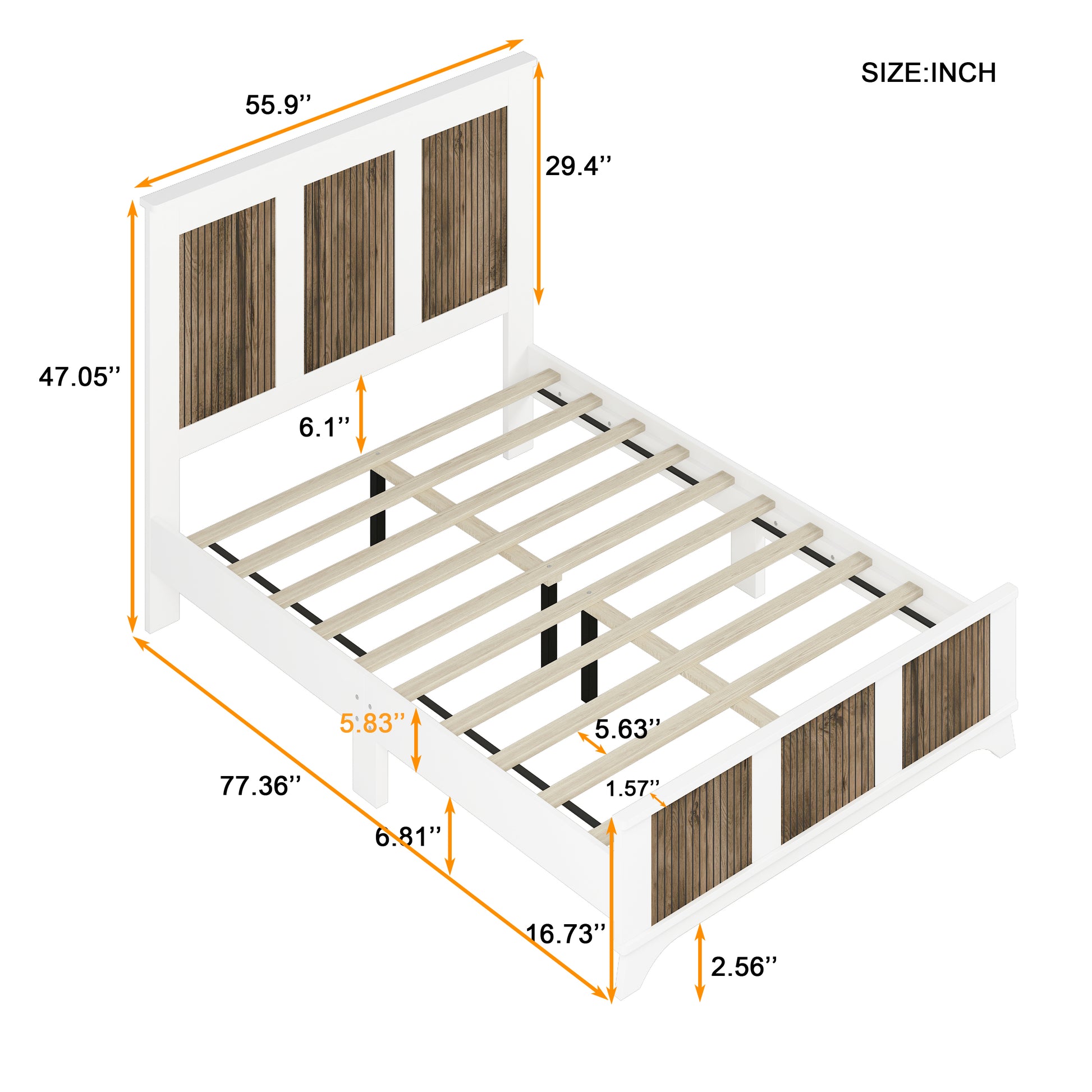 Farmhouse Wooden Platform Full Size Bed, Modern Platform Bed With Wooden Strip Decoration, Plywood Slats Support, White Full White Particle Board