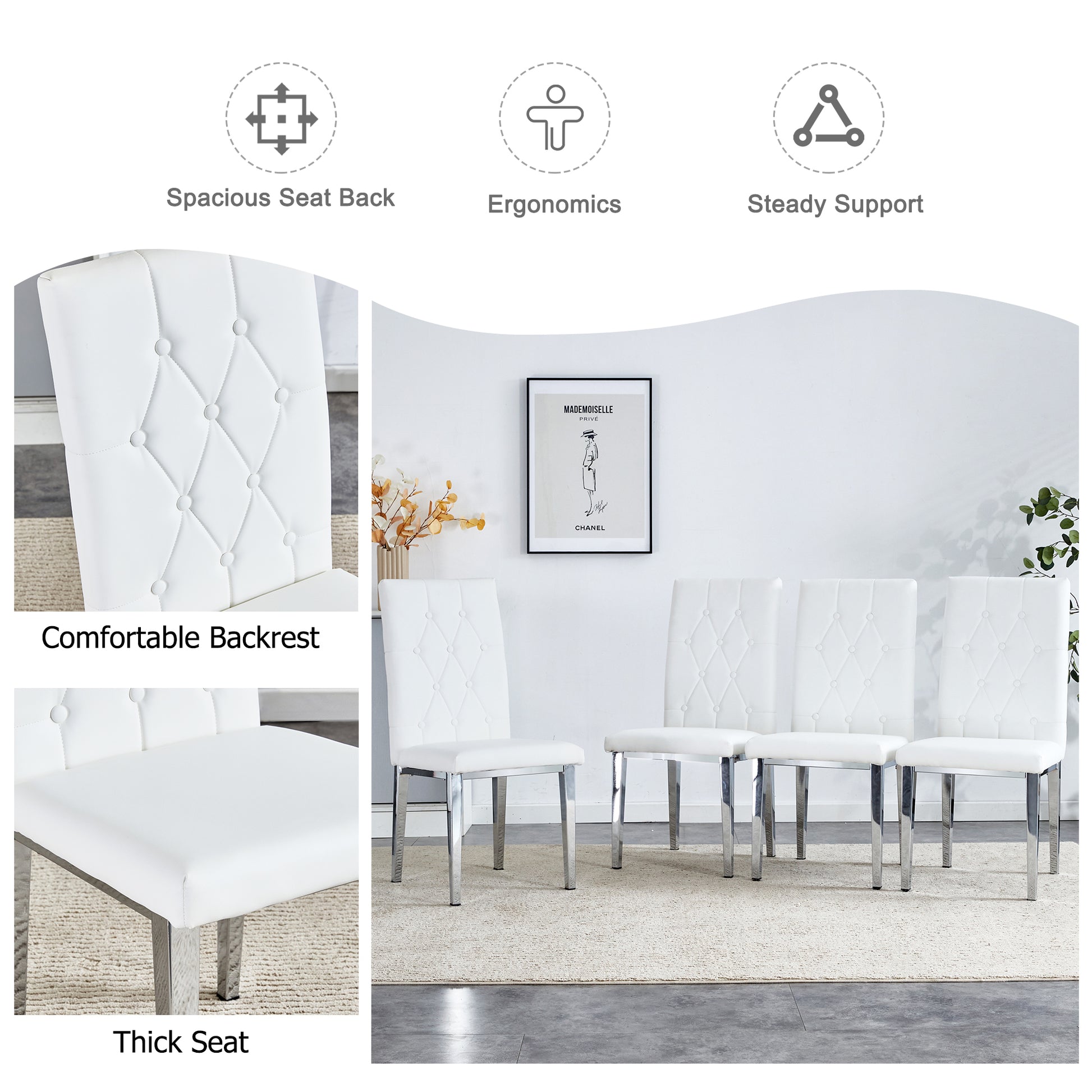 Table And Chair Set, Modern Dining Table, Tempered Glass Tabletop And Silver Colored Leg Table, Soft And Comfortable Dining Chair, Perfect For Dinner, Meetings, Home And Office Decor White Seats 6 Glass
