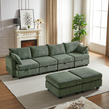 113.5'' Modular Sectiona Corduroy Sofa, Sectional Couches For Living Room U Shaped Sectional Couch With Storage Ottoman, 6 Seats Convertible Sectionals With Chaise Green Corduroy 6 Seat