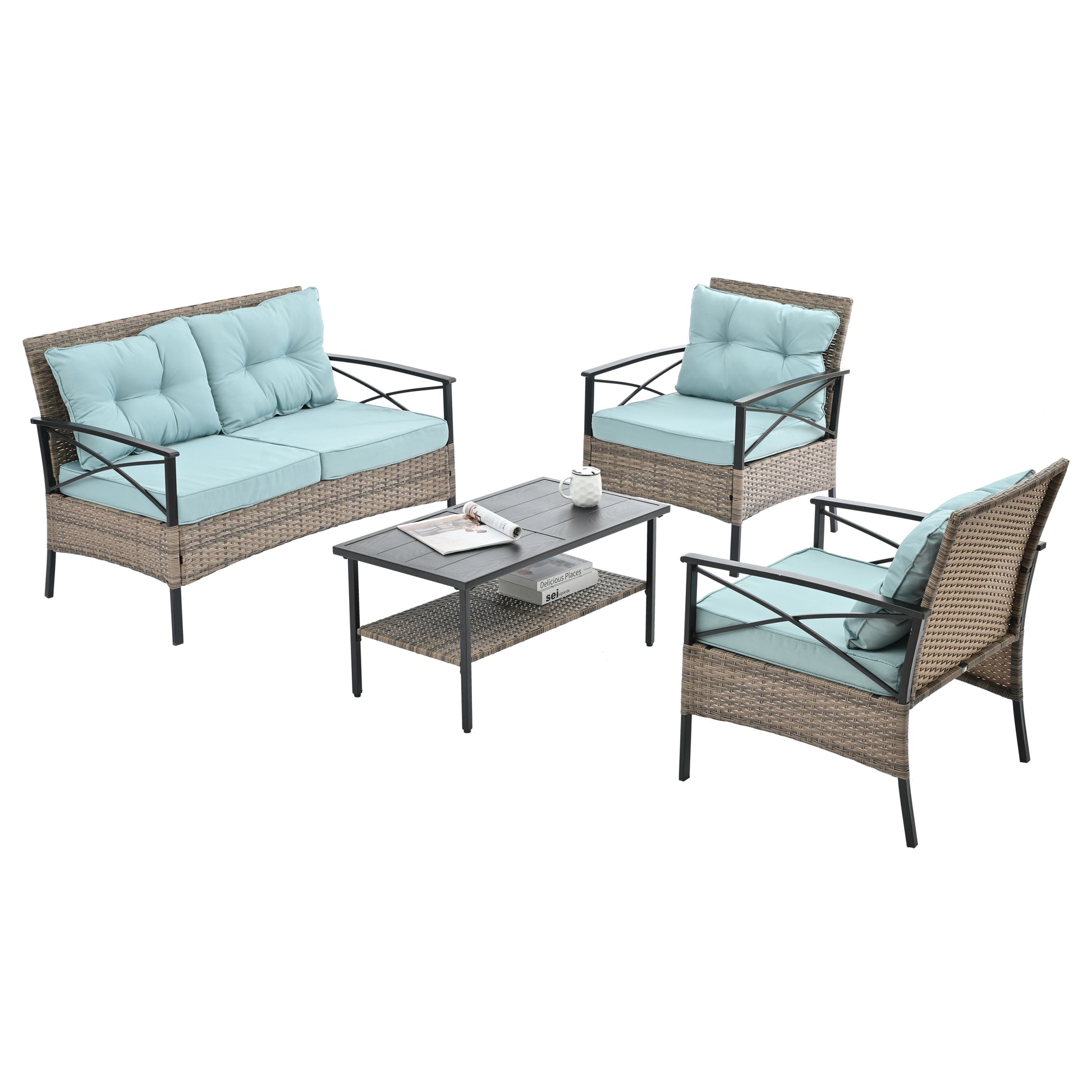 Patio Furniture, Outdoor Furniture, Seasonal Pe Wicker Furniture, Four Set Wicker Furniture With Black Metal Table Yes Brown Seats 4 Pe Rattan Iron Waterproof Fabric