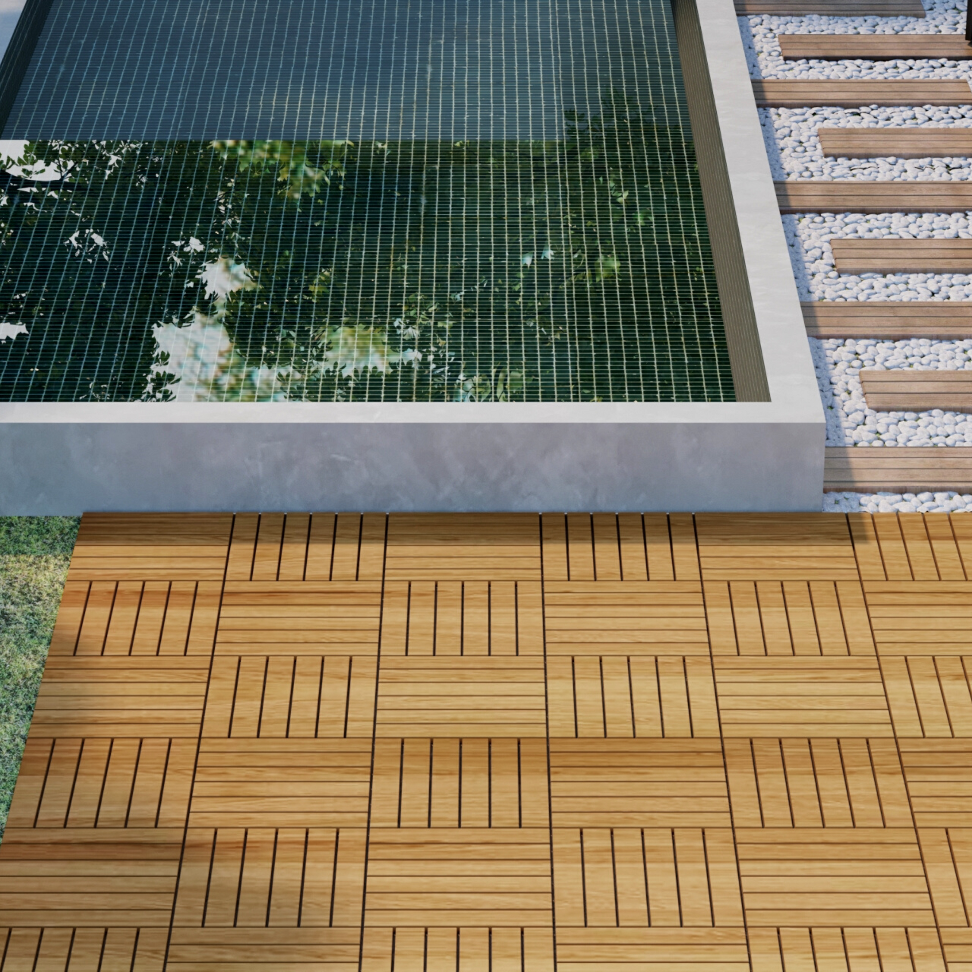 30 Pcs Interlocking Deck Tiles Striped Pattern, 12" X 12" Square Yellow Acacia Hardwood Outdoor Flooring For Patio, Bancony, Pool Side,.. Yellow Garden & Outdoor American Design,American Traditional Acacia Wood