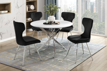 Ultra Modern Dining Set 5Pc Faux Marble Round Table And 4X Side Chairs Black Velvet Upholstery Chrome Finish Metal Legs Metal Faux Marble Black,Chrome Seats 4 Metal Dining Room Ultra Modern Round