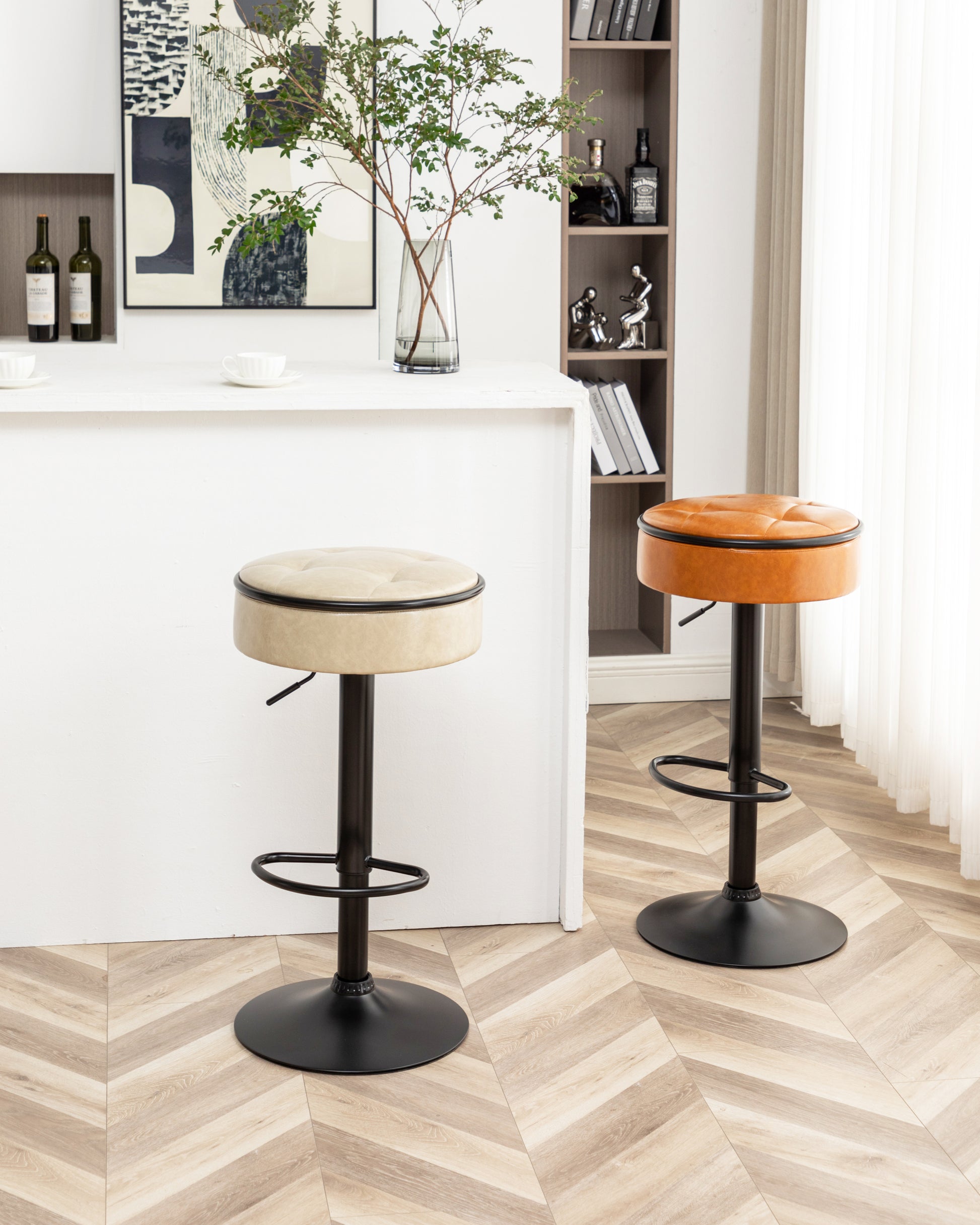 Round Storage Bar Stool Set Of 2, Brown Faux Leather Height Adjustable Barstool, 360 Counter Height Swivel Stool, Armless Bar Chair With Metal Frame For Kitchen Counter Dining Living Room Brown Set Of 2 Foam Pu Leather