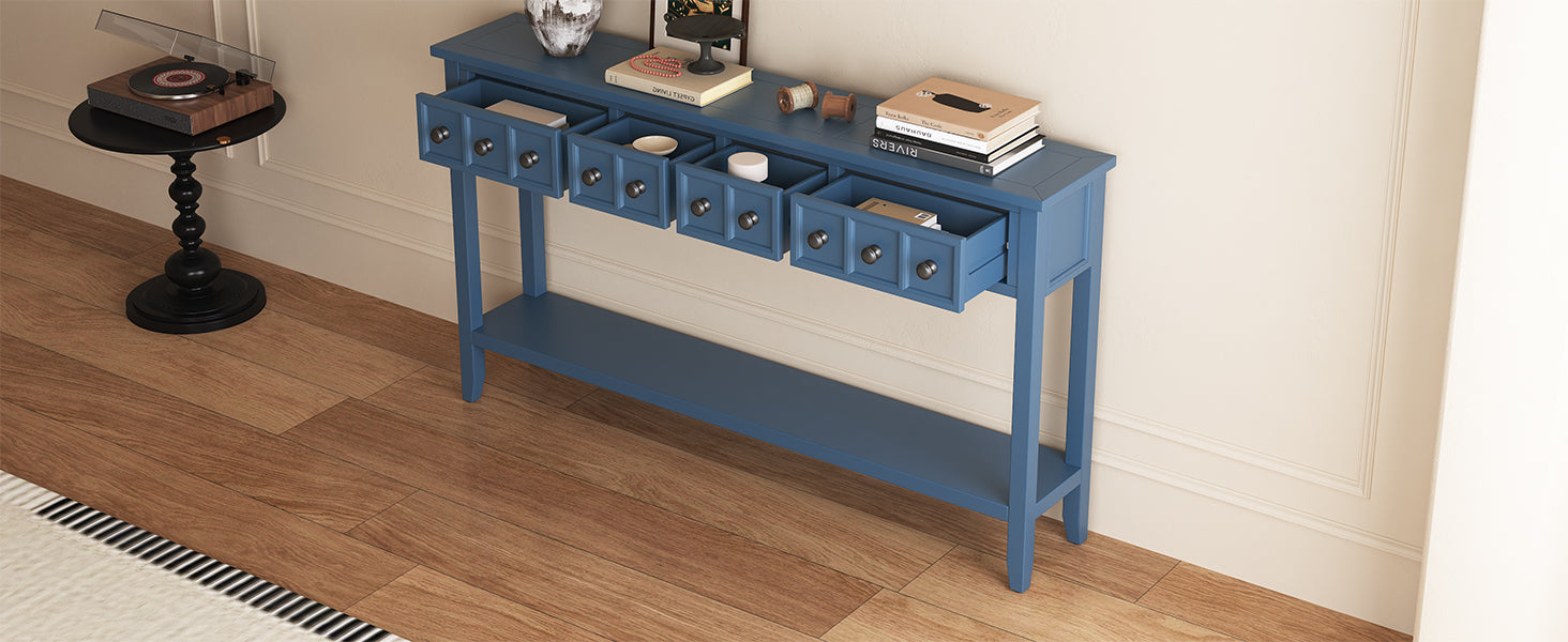 Rustic Entryway Console Table, 60" Long Sofa Table With Two Different Size Drawers And Bottom Shelf For Storage Antique Navy Antique Navy Solid Wood