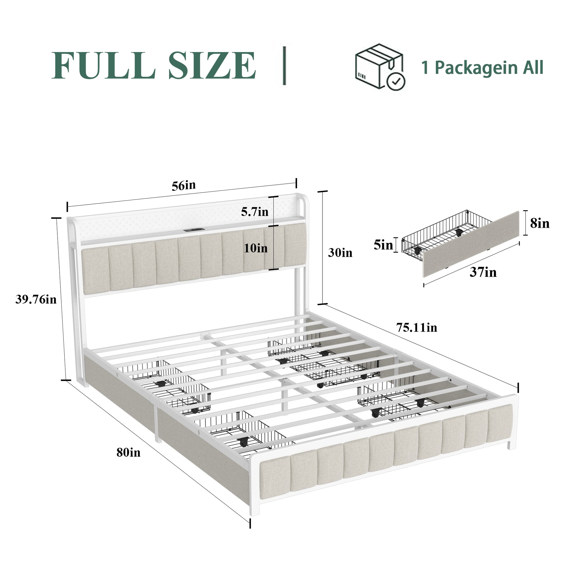 Full Size Platform Bed With 4 Drawers, Metal Bed Frame With Led Lights And Charging Station, No Box Spring Needed, Beige , Noise Free,Easy Assemble. Box Spring Not Required Full Beige Metal Bedroom Bed Frame Linen Mdf Metal