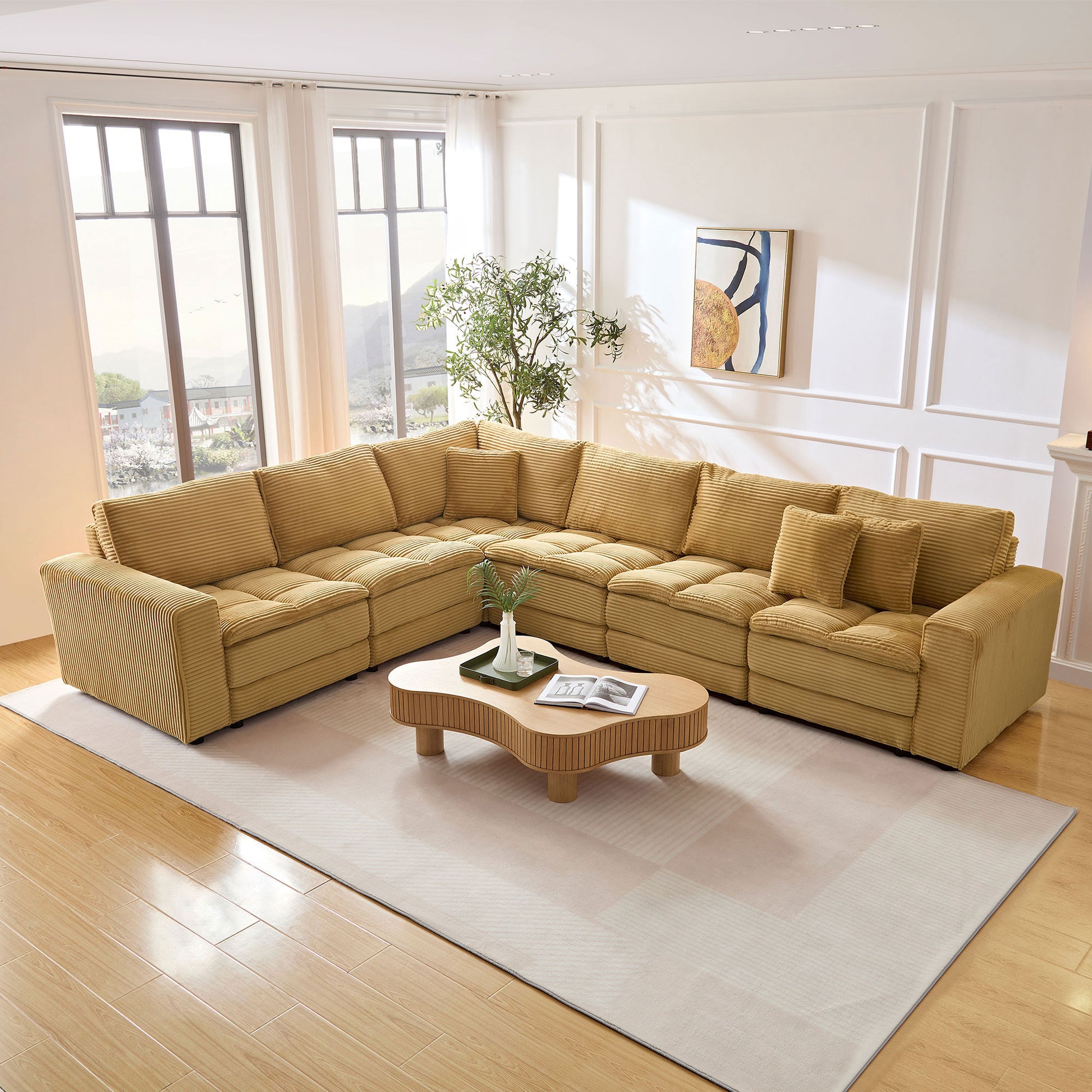 6 Seats,Oversized Sectional Sofa,L Shaped Corner Couch With Detachable Seat & Back Cushion, Corduroy Upholstery Convertible Sleeper Sofa&Couch For Living Room Yellow Fabric 6 Seat