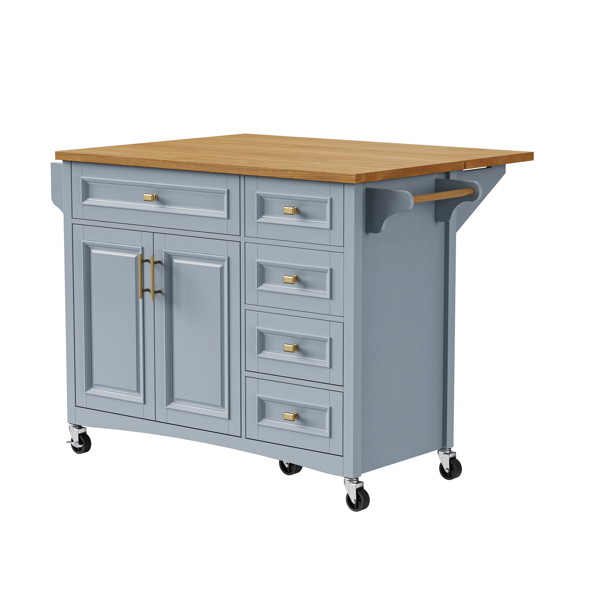 K&K 52'' Kitchen Island With Drop Leaf, Embossed Texture Kitchen Island On Wheels With Spice Rack, Towel Rack, 2 Doors And 5 Drawers, Kitchen Storage Cart With Adjustable Shelf For Kitchen, Blue