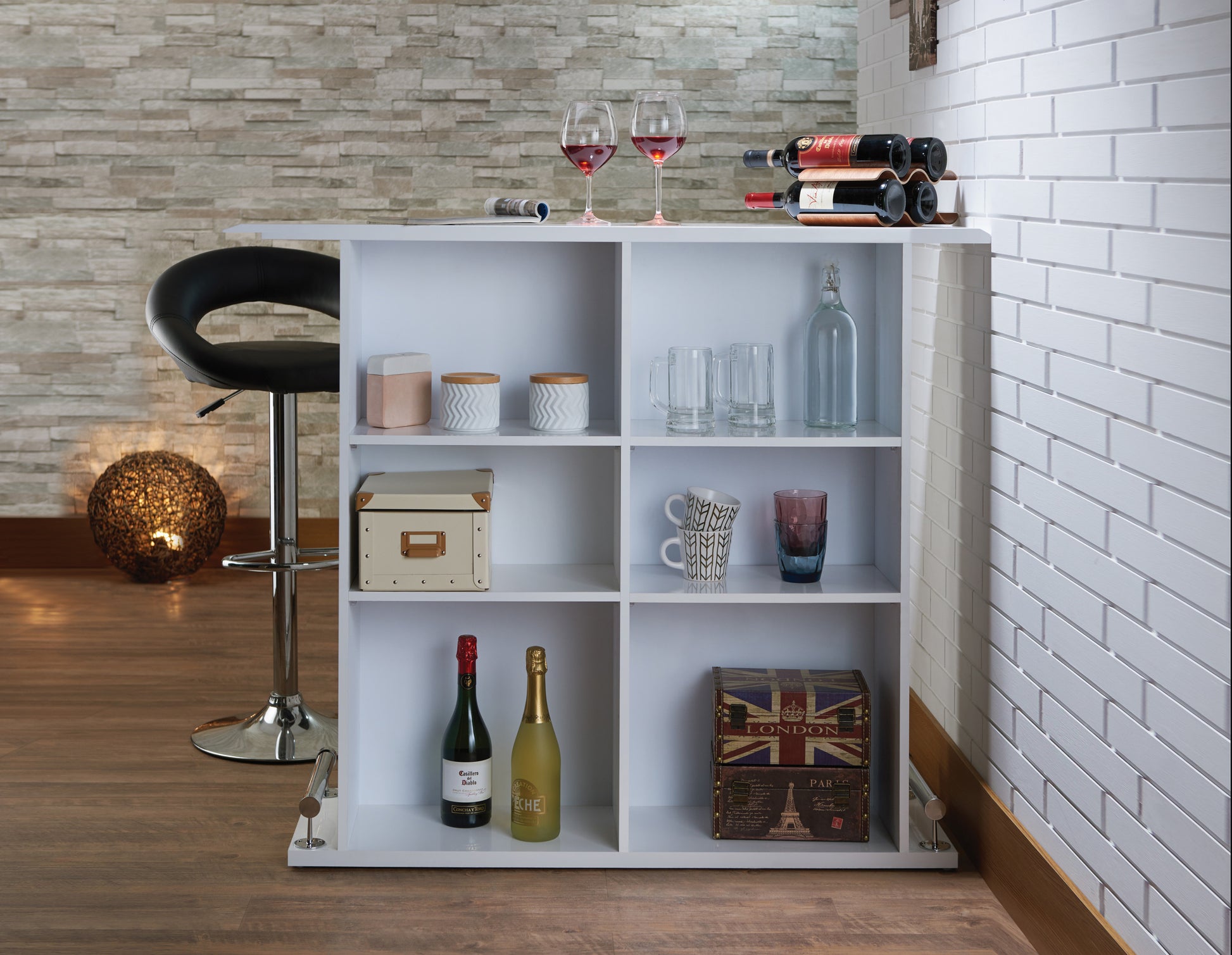 White High Gloss 6 Shelf Bar Table White Dining Room Rectangular Particle Board Mdf