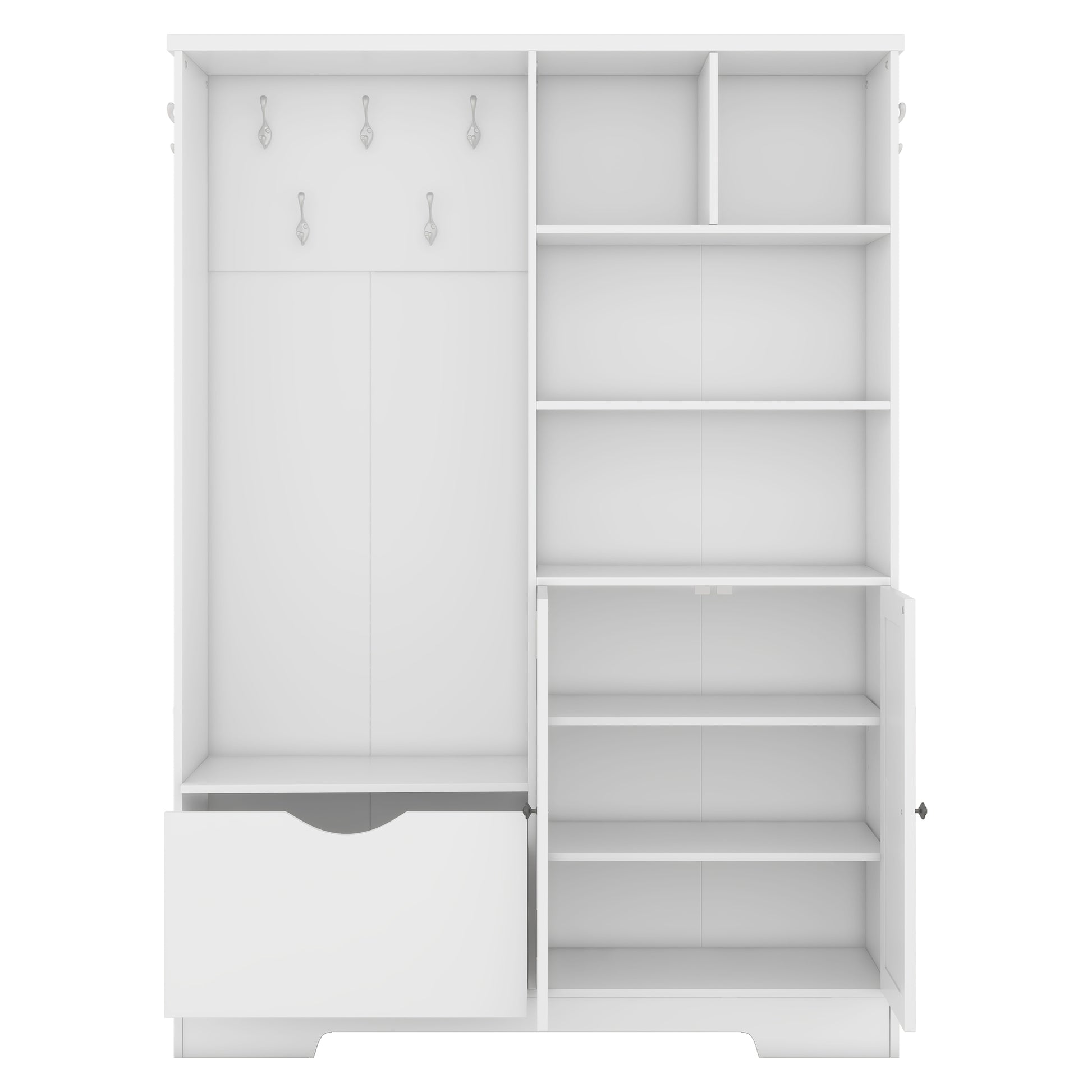 Multi Functional Hall Tree With Storage Shelves Drawers And Cabinet, Elegant Hallway Shoe Cabinet With Bench, Modern Coat Rack With Hooks For Hallway Entryways, White Soft White Particle Board Mdf