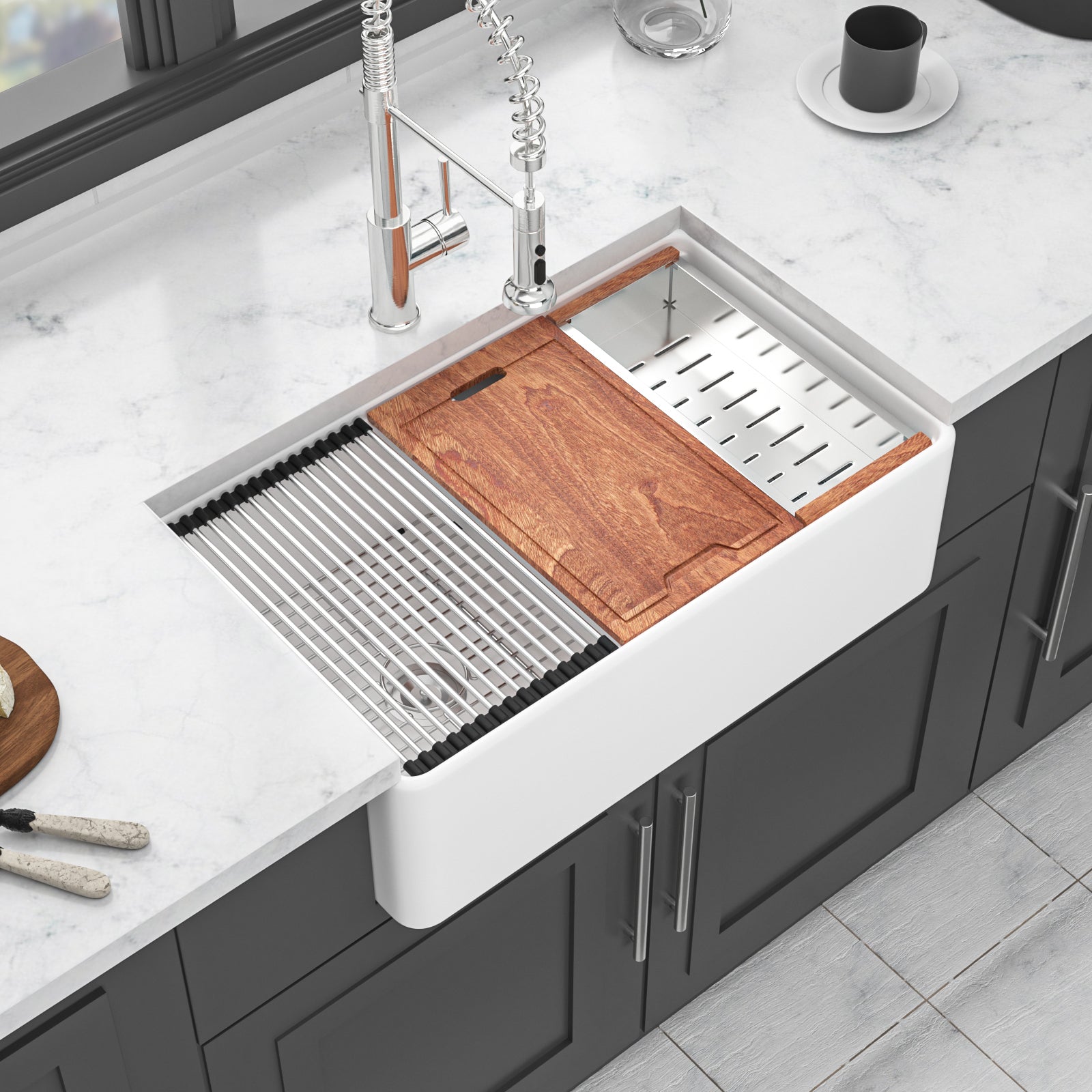 White Farmhouse Sink Workstation 33 Inch White Ceramic Double Bowl Farm Kitchen Sink White Ceramic