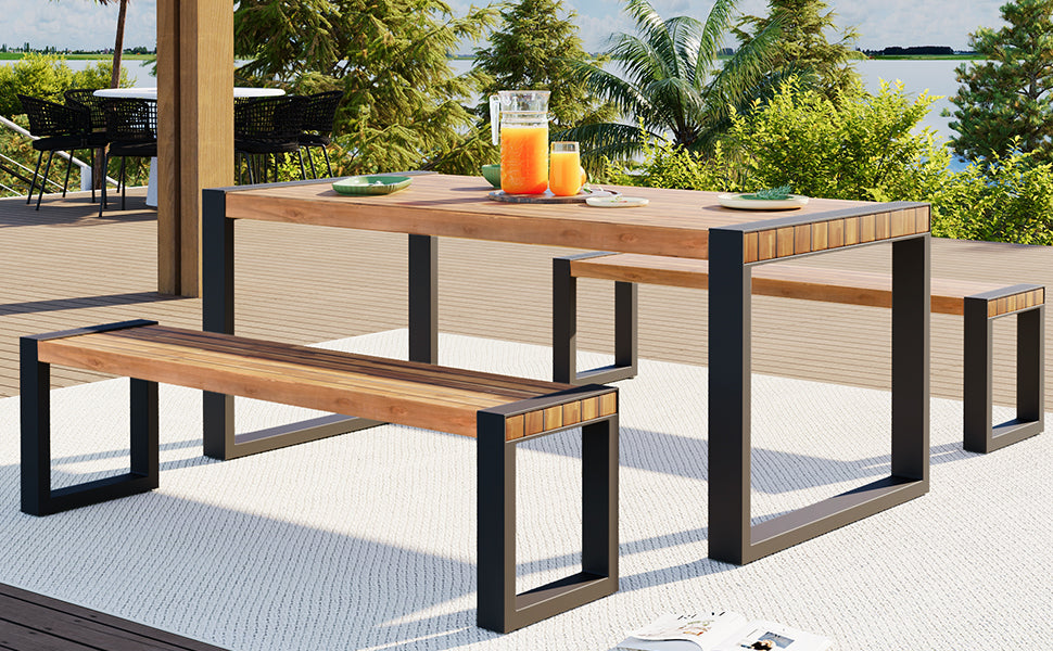 3 Pieces Outdoor Dining Table With 2 Benches, Patio Dining Set With Unique Top Texture, Acacia Wood Top & Steel Frame, All Weather Use, For Outdoor & Indoor, Natural No Acacia Wood Garden & Outdoor