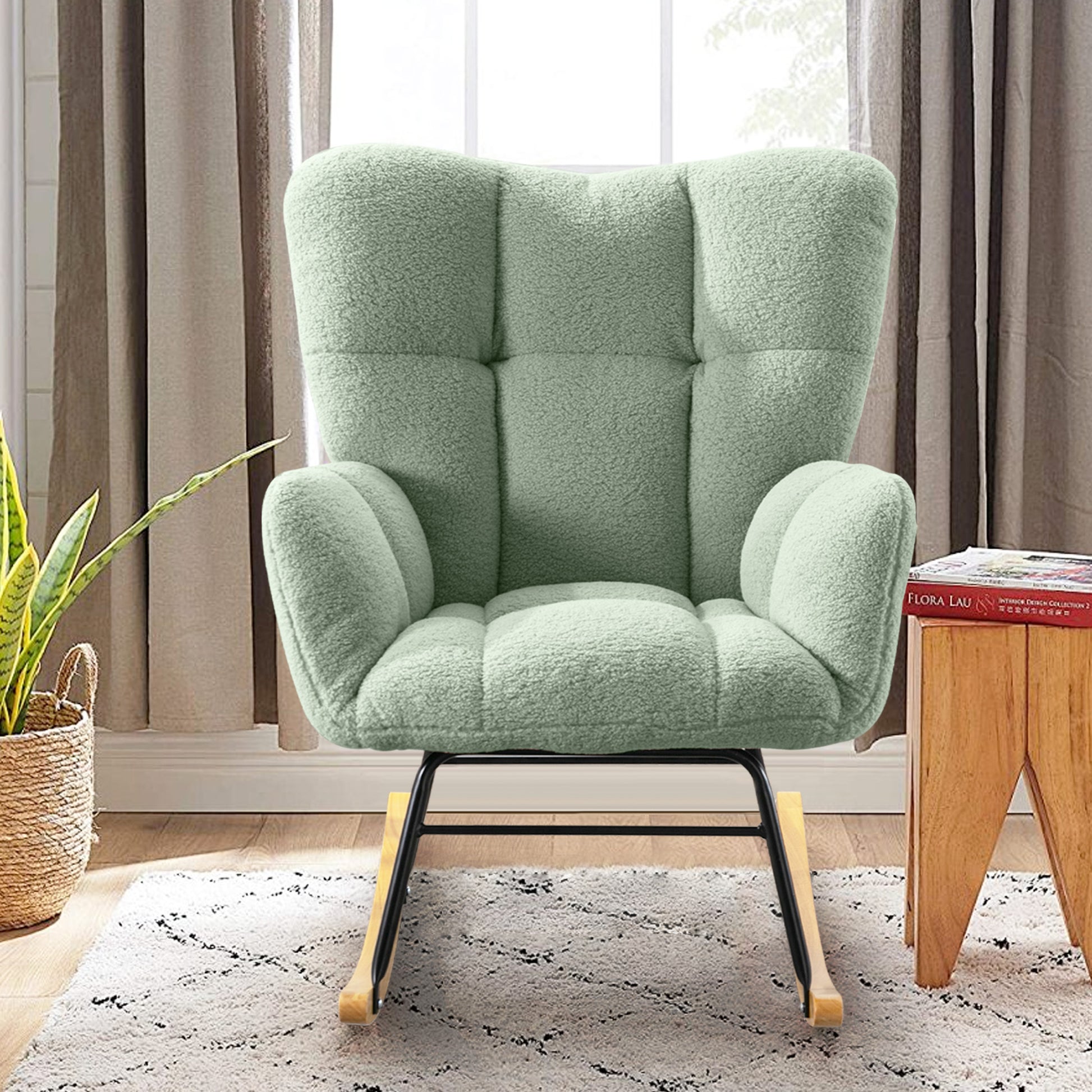 Teddy Fabric Rocking Chair, Modern Rocking Accent Chair For Nursery, Living Room, Bedroom, Light Geen Metal Light Green Bedroom Foam Modern Rocking Chairs Rubberwood Foam Wood Metal