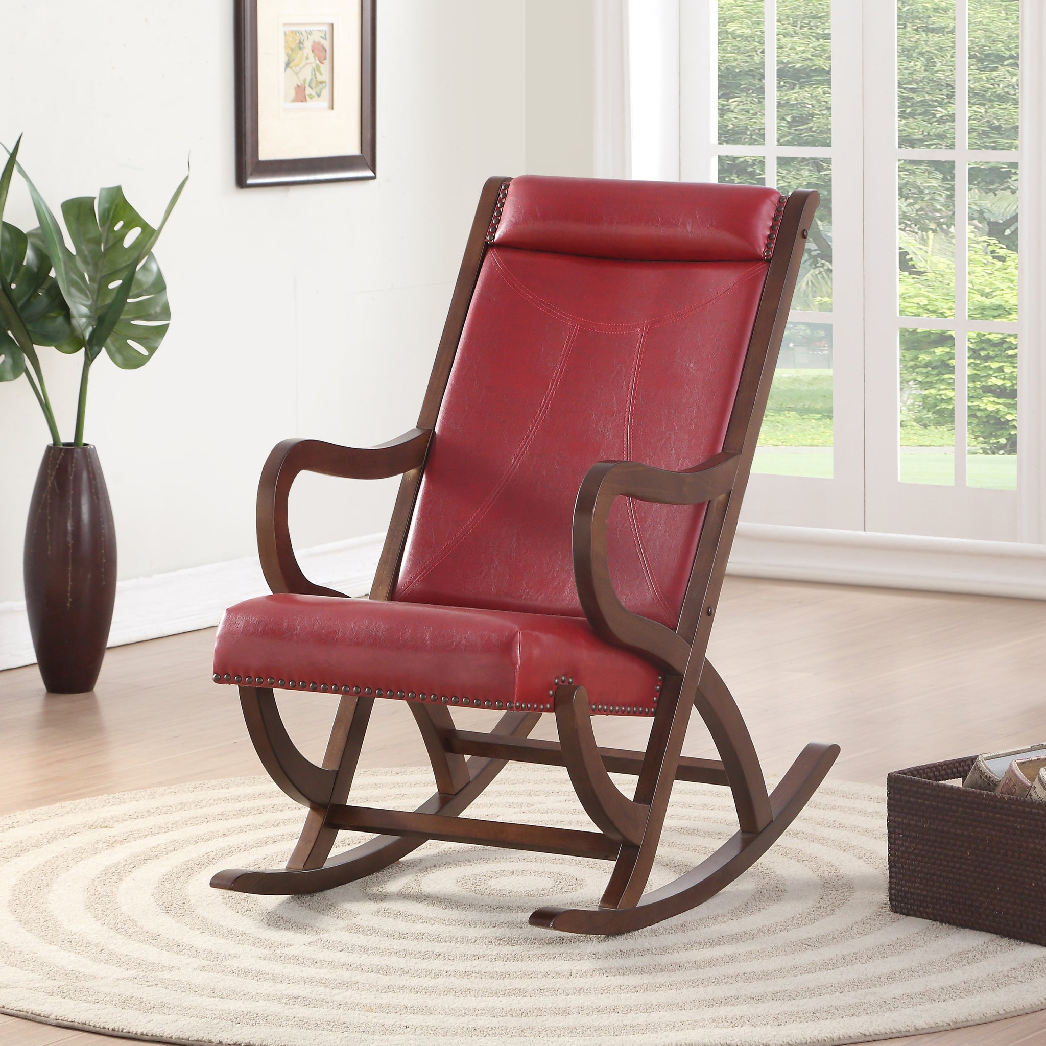 Burdy And Walnut Rocking Chair With Trim Cushion Solid Burgundy Primary Living Space Foam Modern Rocking Chairs Solid Back Faux Leather