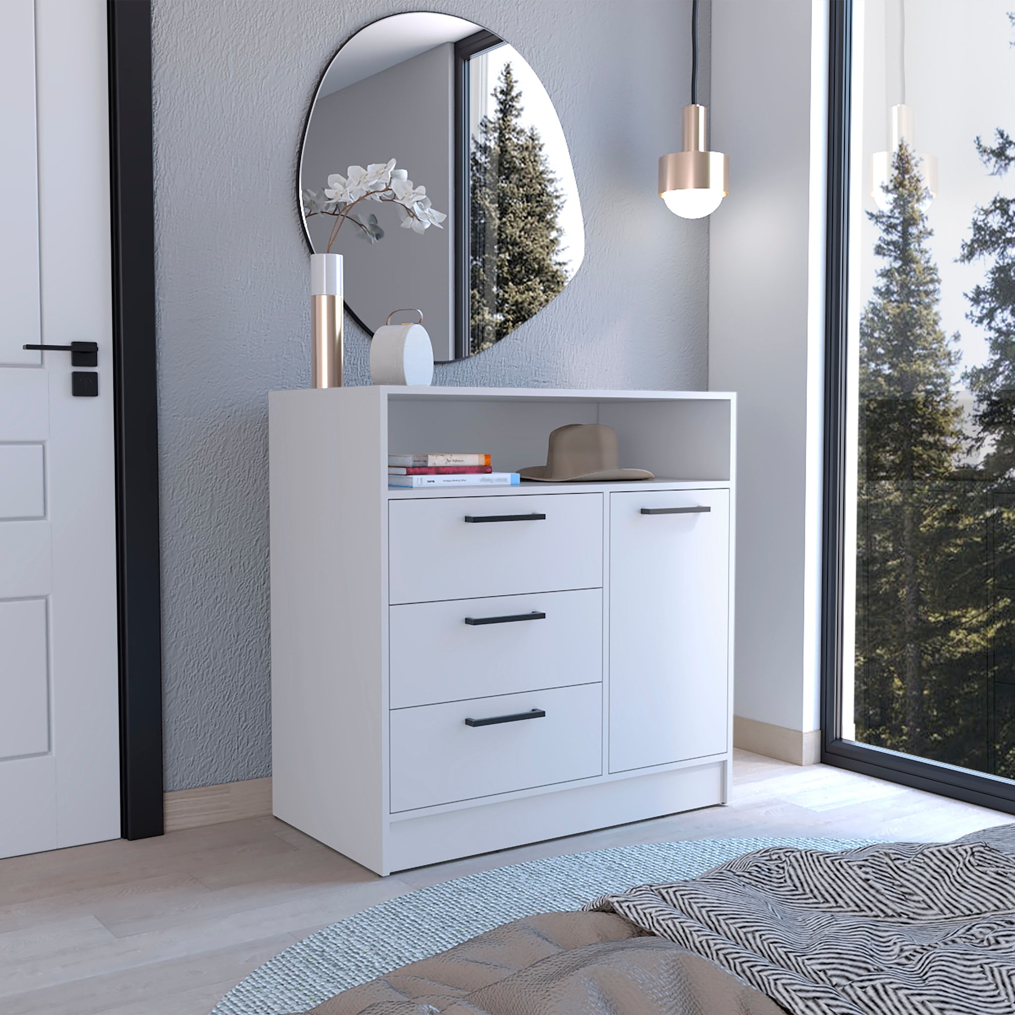 Omaha Dresser Multi Storage Compact Unit With Spacious 3 Drawers And Cabinet White White Particle Board